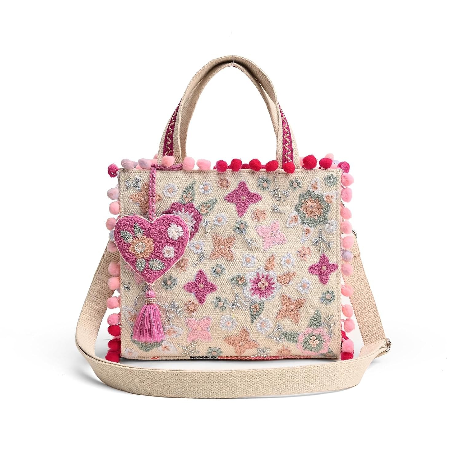 Boho Girl Whimsical Multi Color Jacquard Mini Blush Tote With Adjustable Strap