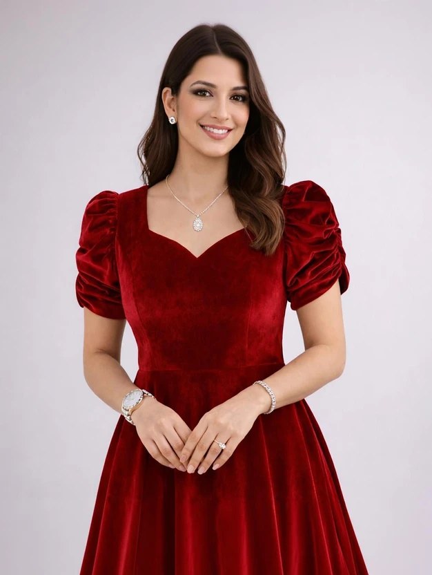 Freyal Enterprise Solid Velvet Stitched A-line Gown (Red)