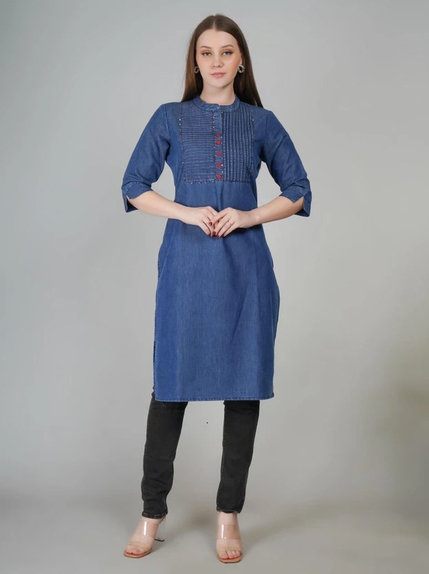 VG5 Solid Cotton Blend Straight Kurta (Blue)