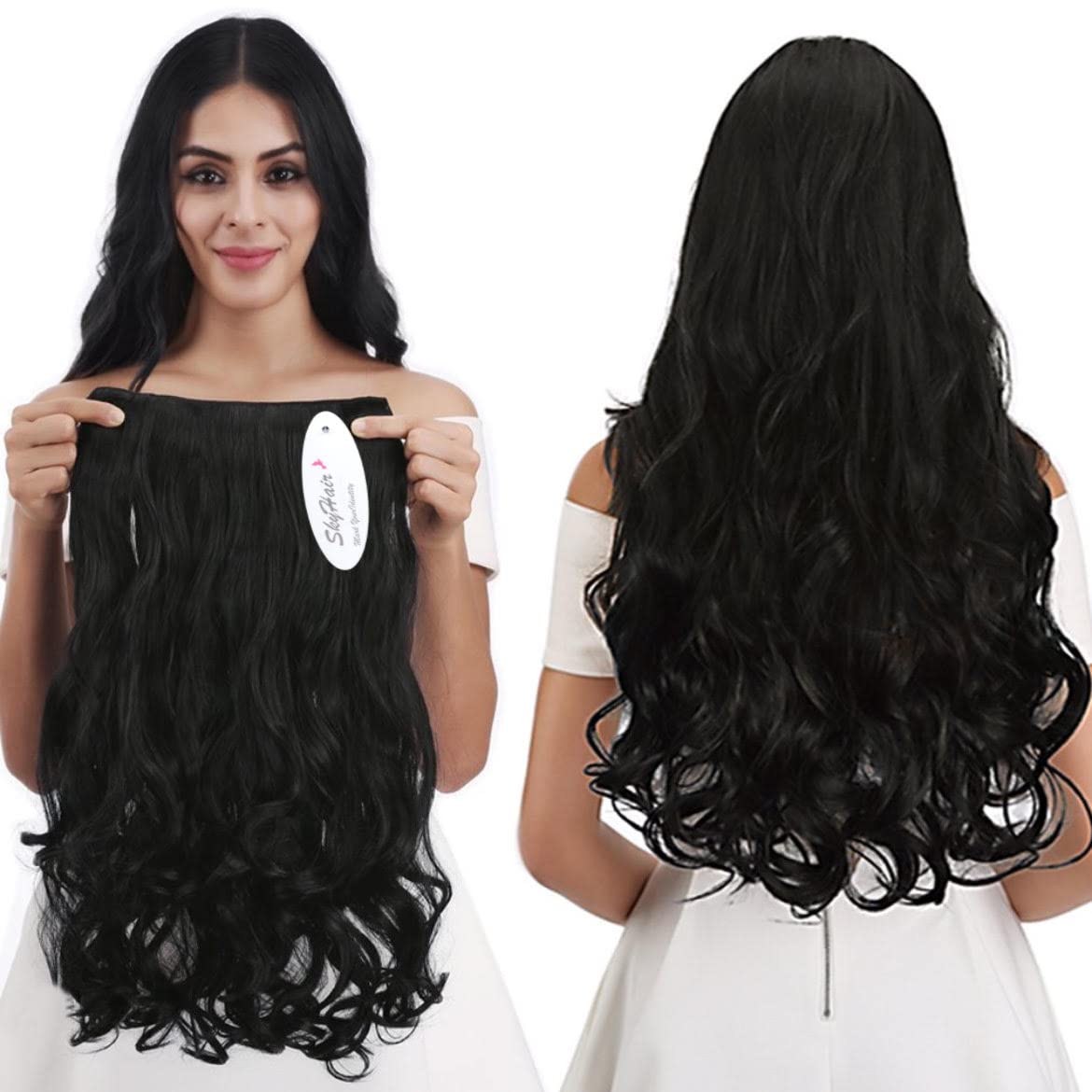 SkyHair 5 Clips Based NATURAL BLACK Curly/Wavy PREMIUM Matte Finish Hair Extensions | Instant Volume
