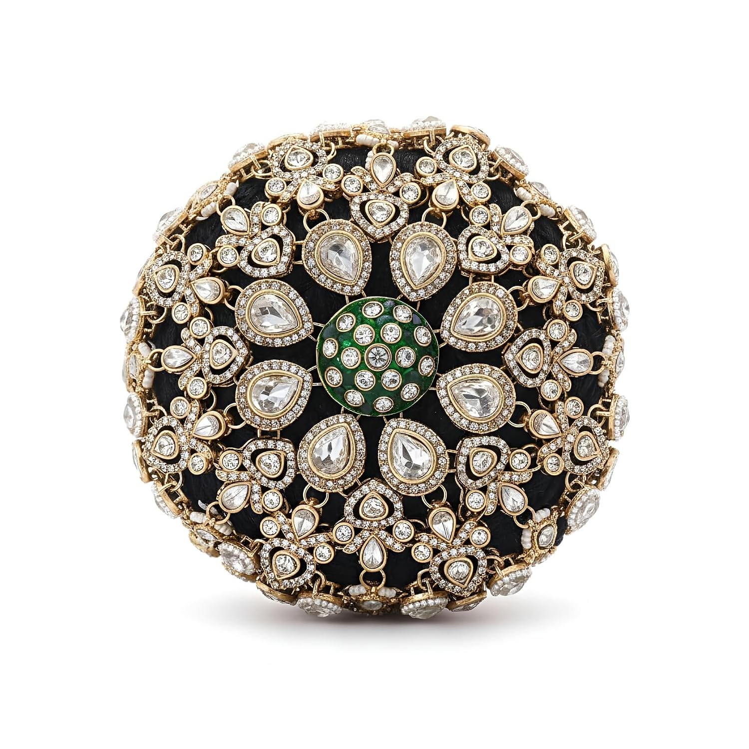 Kundan Hair Bun Cover for Women | Round Black Juda Bun with White Kundan Stones | Bridal Traditional