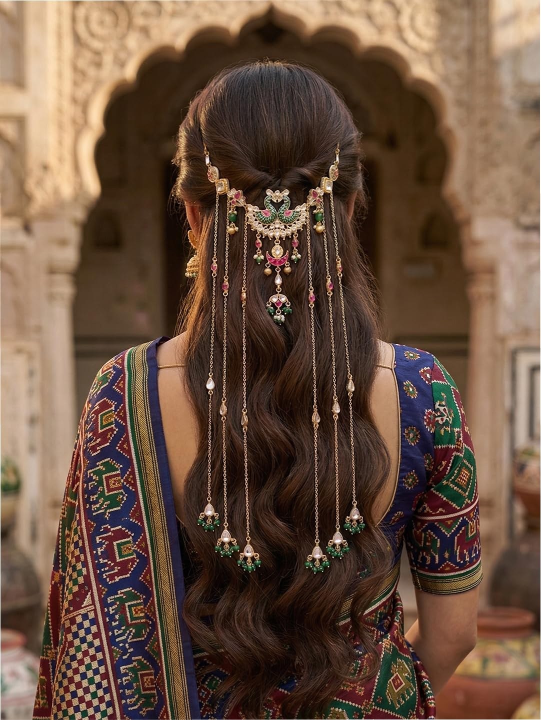 Wedding Traditional Hair jewellery with Dangling Chains, Bridal Hair Accessories, Kundan Golden Hair