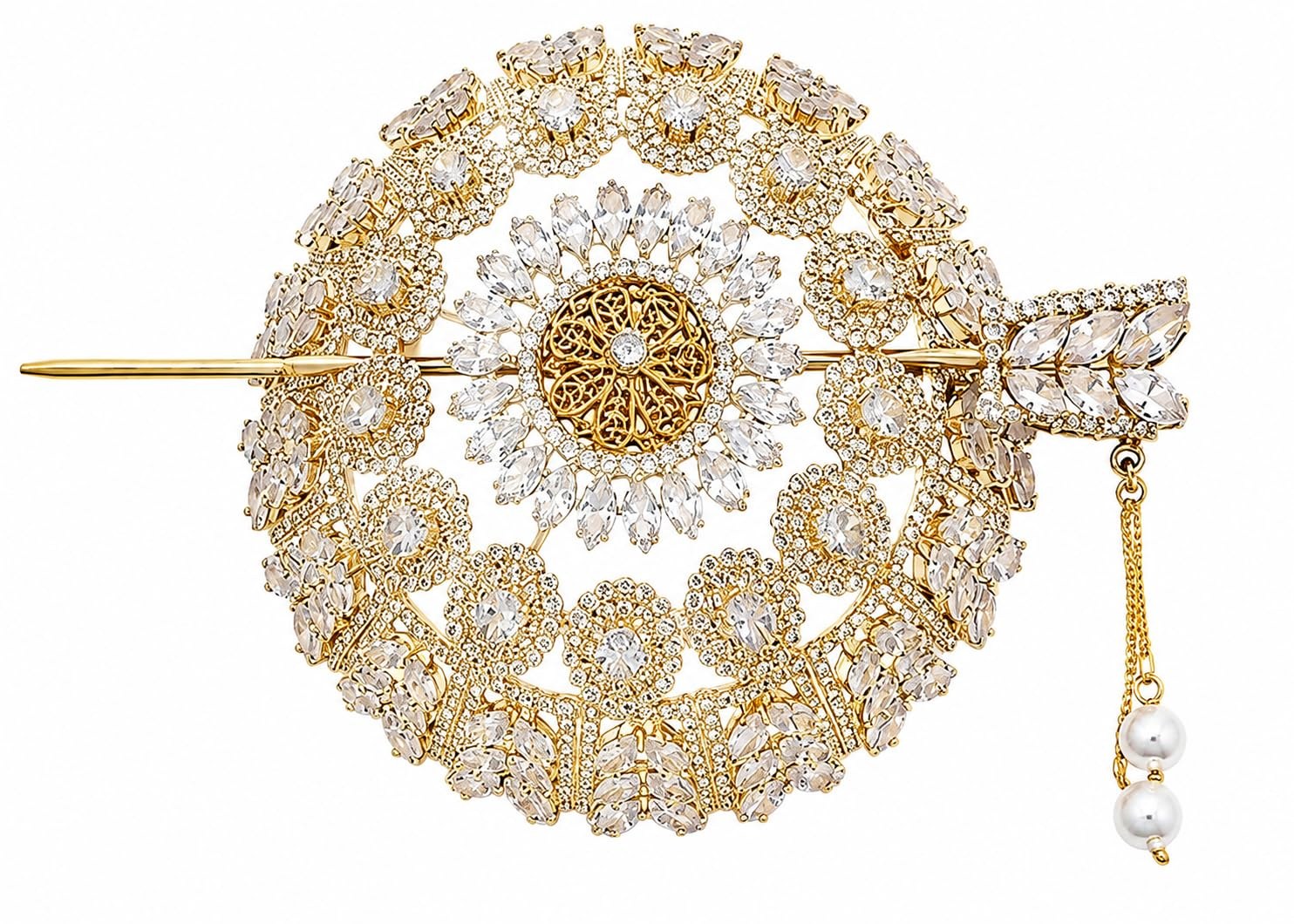 Gold Tone Crystal Embellished Round Hair Brooch with Pearl Drop for Women and Girls Elegant Decorati