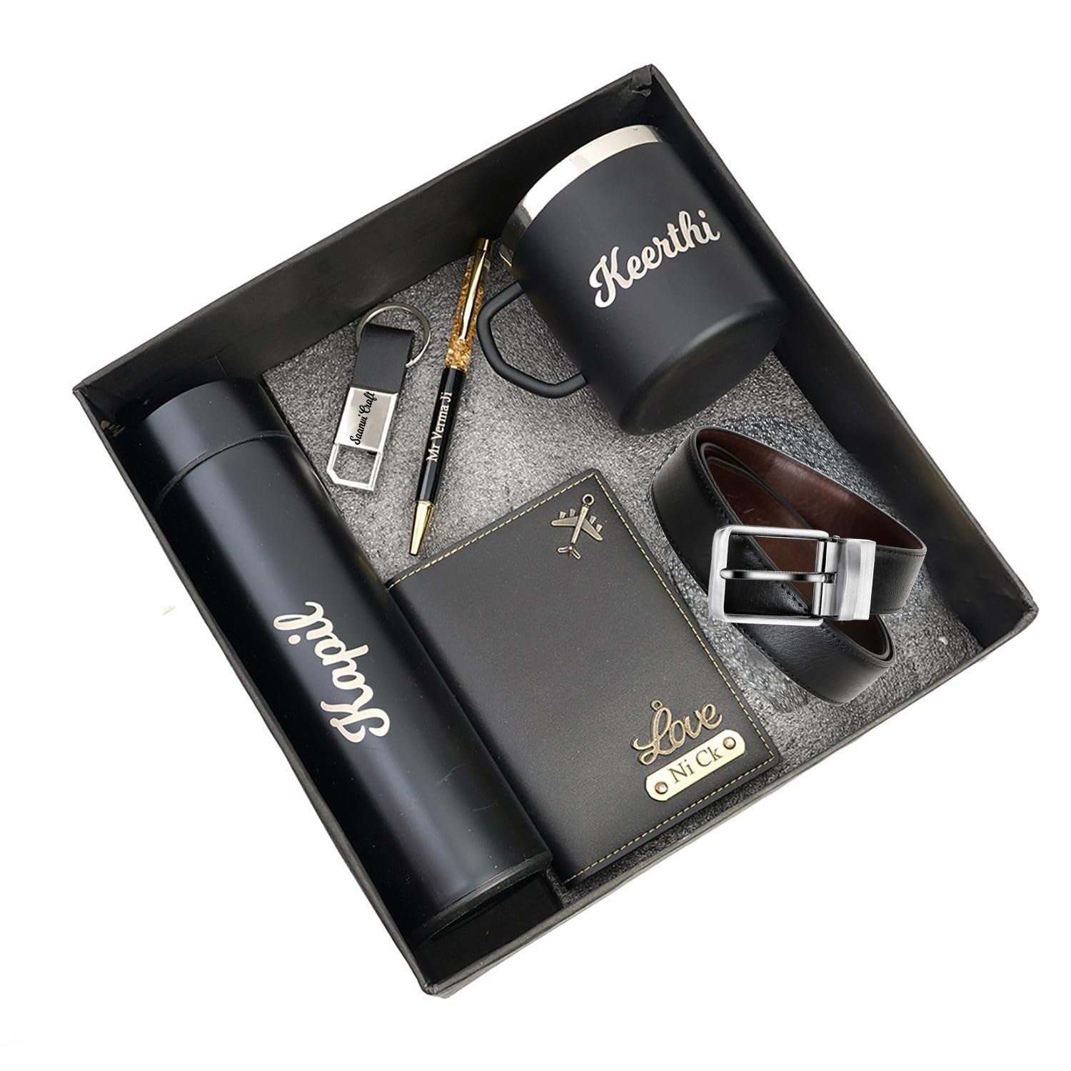 Tanvi Crafts Your Name Customized Mens Gift Hamper Set with Coffee Mug, Water Bottle, Passport Cover