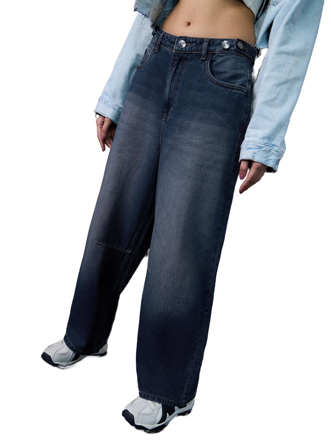 The Souled Store: Barrel-Fit Denim: Women and Girls Washed Cotton Twill Barrel Fit Lightweight Adjus