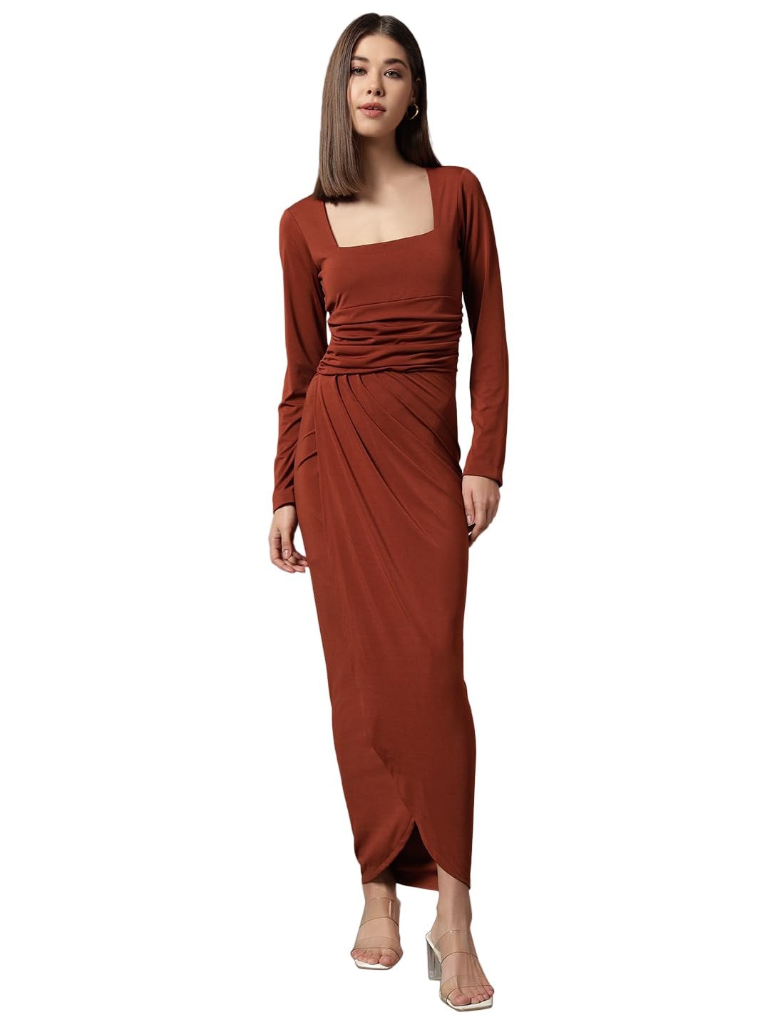 Trend Arrest.ed Women's Bodycon Midi Dress | Square Neck Wrap Style | Stretchable | Full Sleeve Fitt
