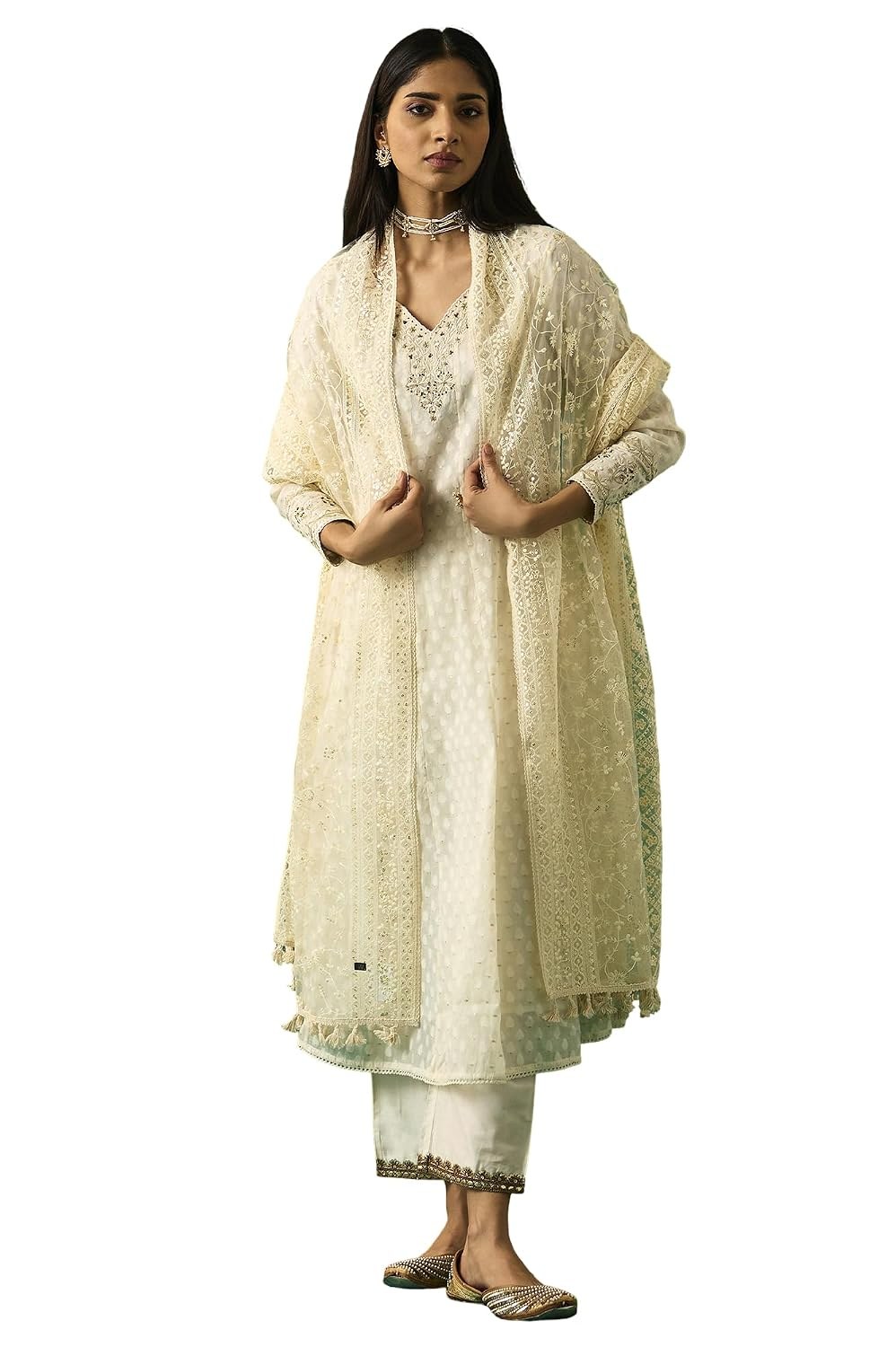 Wishful Women's Embroidered Anarkali Cotton Kurta with Straight Pants and Dupatta Set