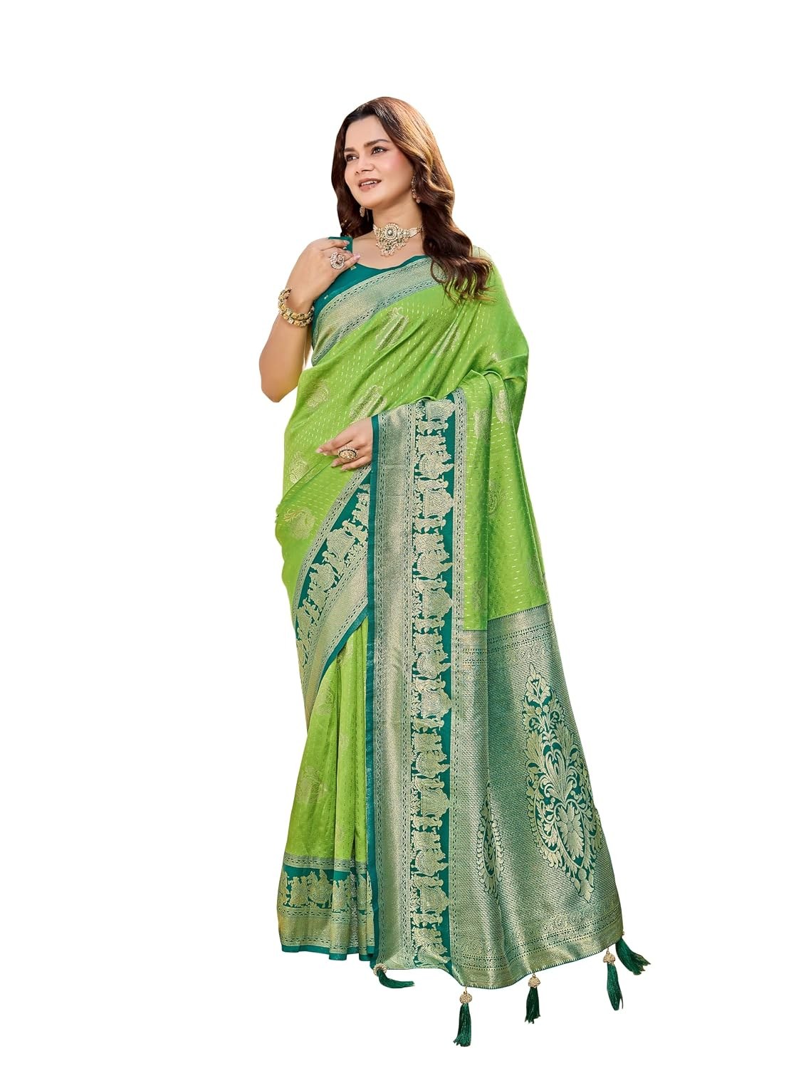 MANOHARI Women's Banarasi Silk Saree with Rich Zari Woven Border & Tassels |Traditional Ethnic Wear