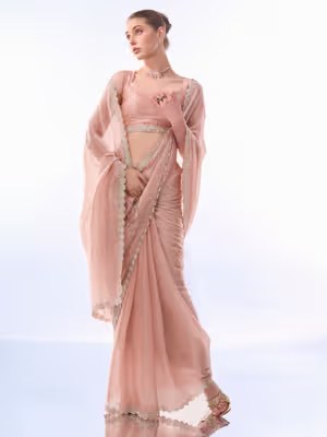 Women Pink Organza Embellished Saree With Unstitched Blouse