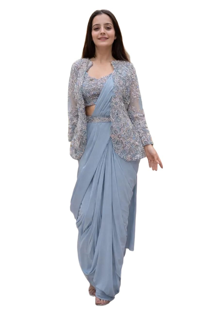Elegant Grey Ready-to-Wear Crepe Silk Saree with Embroidered Koti Jacket, Blouse & Belt Set for Wome