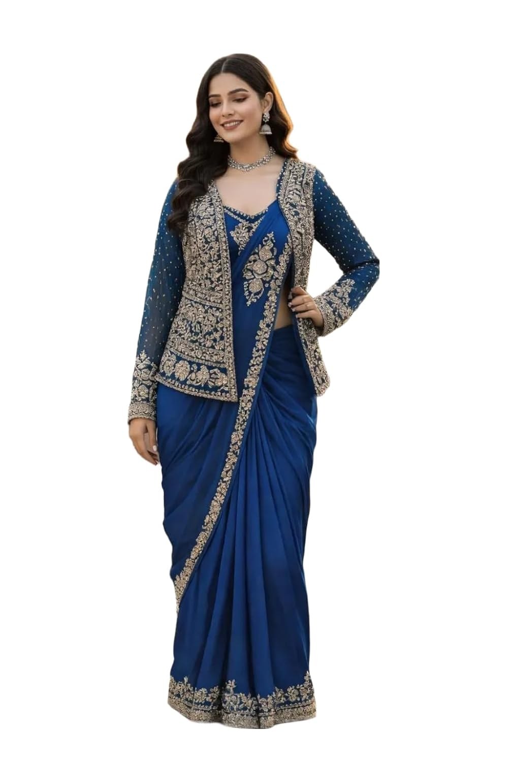 Women Heavy Crepe Silk Ready to Wear Saree with Embroidered Jacket, Blouse and Belt, Fully Stitched