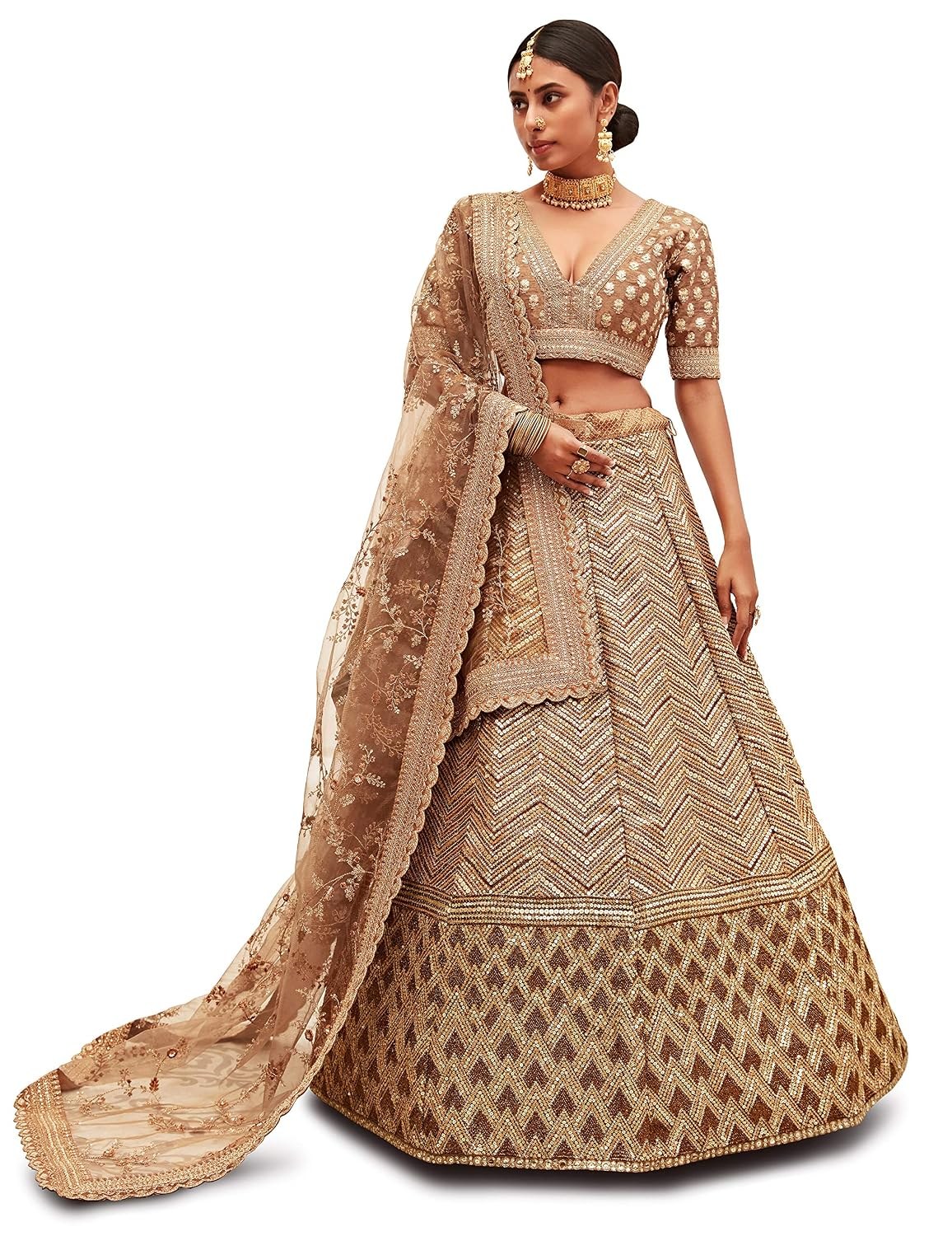 Women Silk Semi-stitched Lehenga Choli (7709-Wedding-Bridal-Latest-Lehenga_Brown_Free Size)