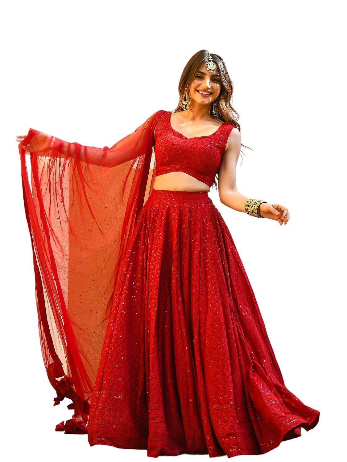 Zeel Clothing Women's Sequins Thread Embroidered Georgette Semi Stitched Lehenga Choli With Dupatta
