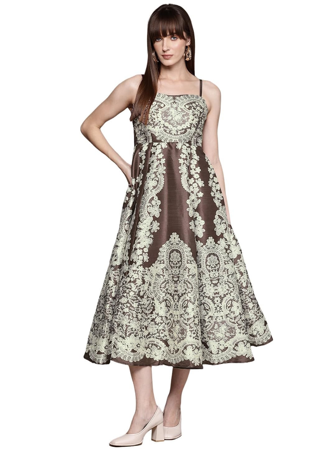 Label RITU KUMAR Brown Chantilly Sweetheart Neck Long Dress