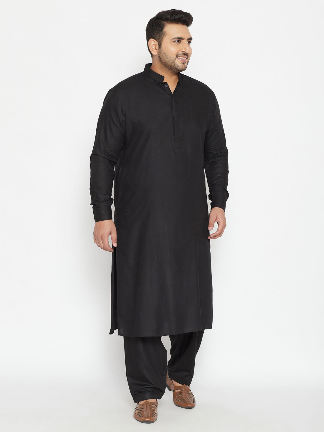 Men's Plus Size Black Cotton Blend Pathani Set