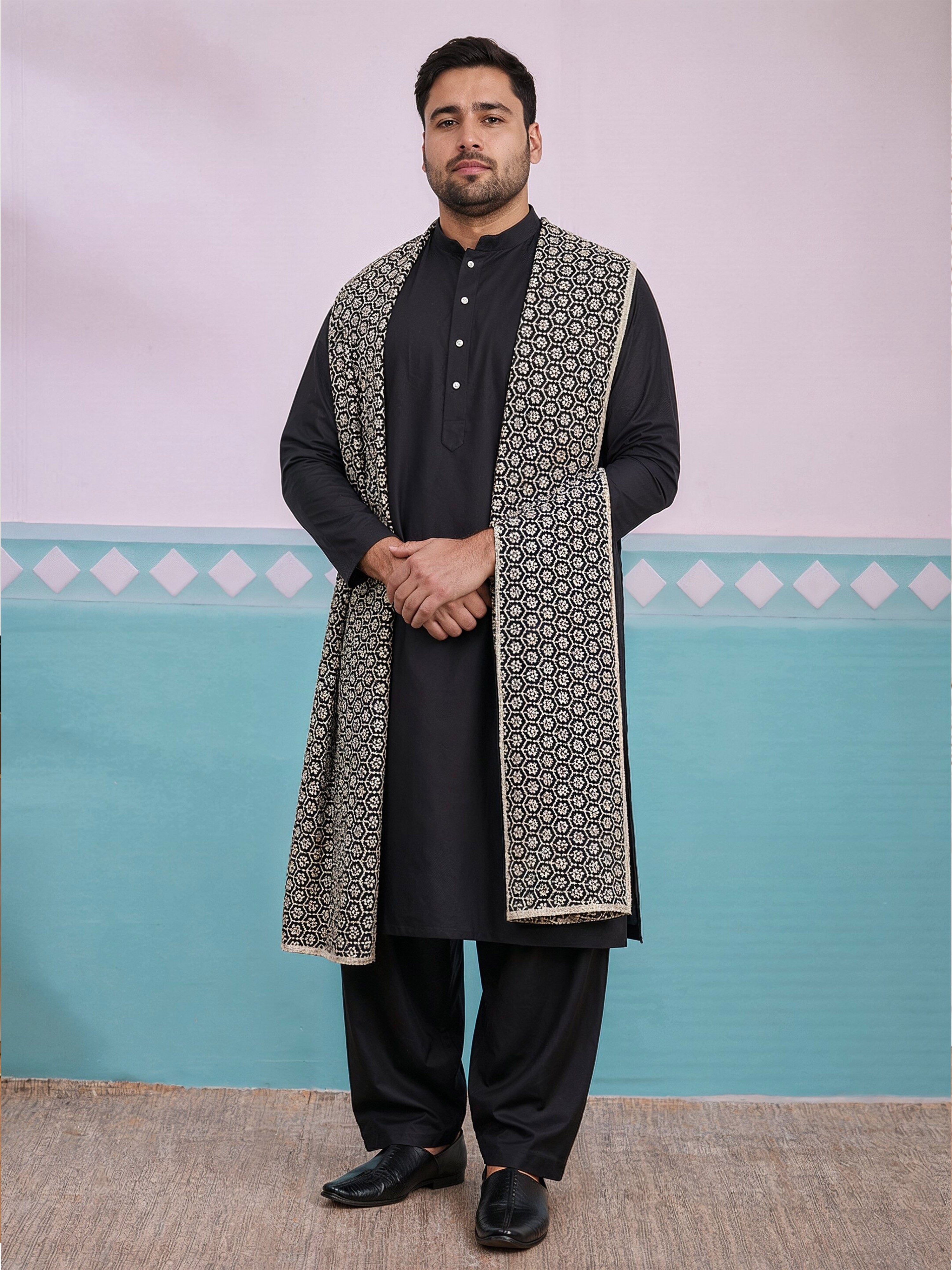 Men's Black Geometric Dupatta
