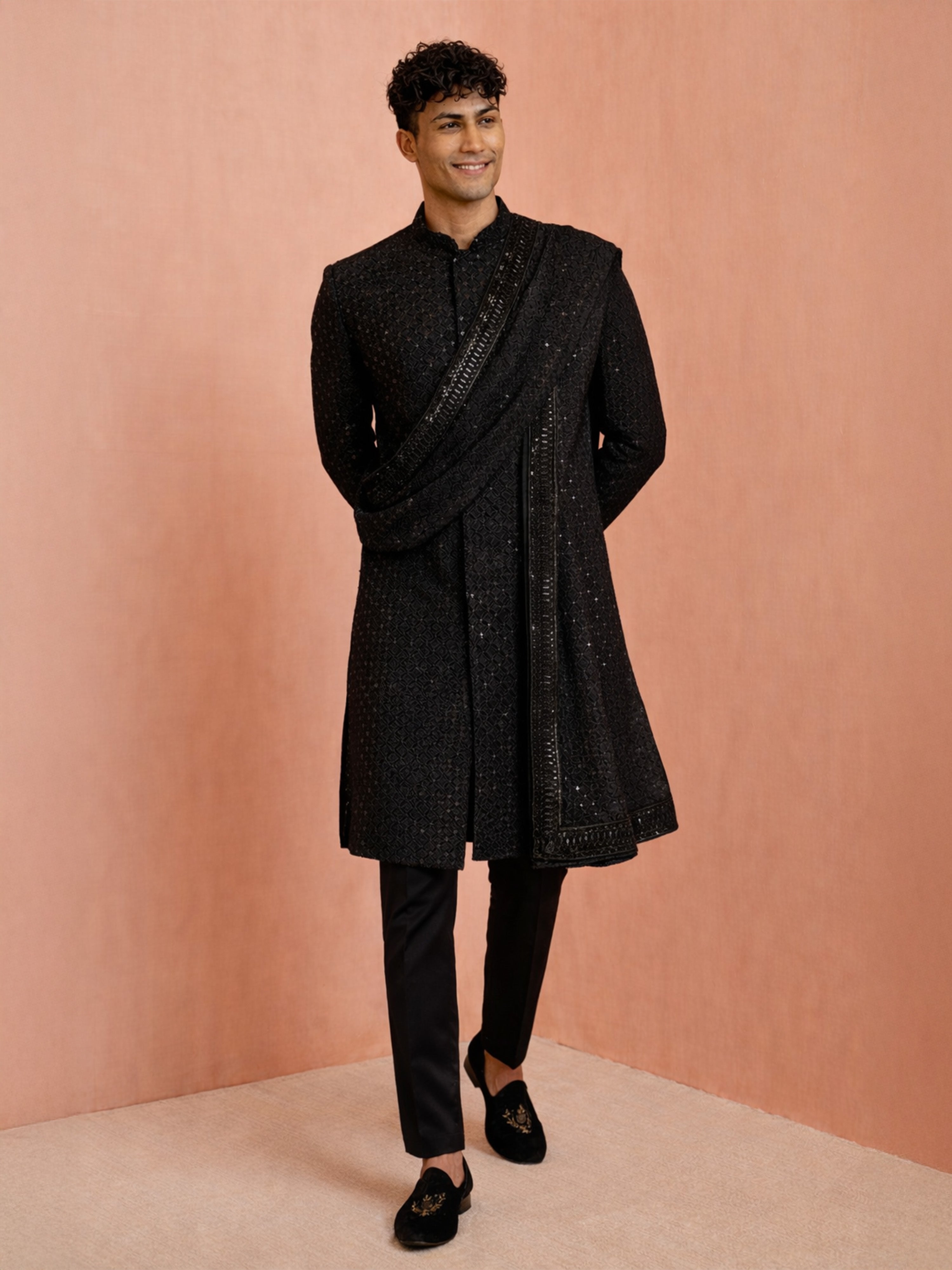 Men Black Sequin Chikankari Sherwani with Pant & Thread Embroidered Georgette Dupatta Set