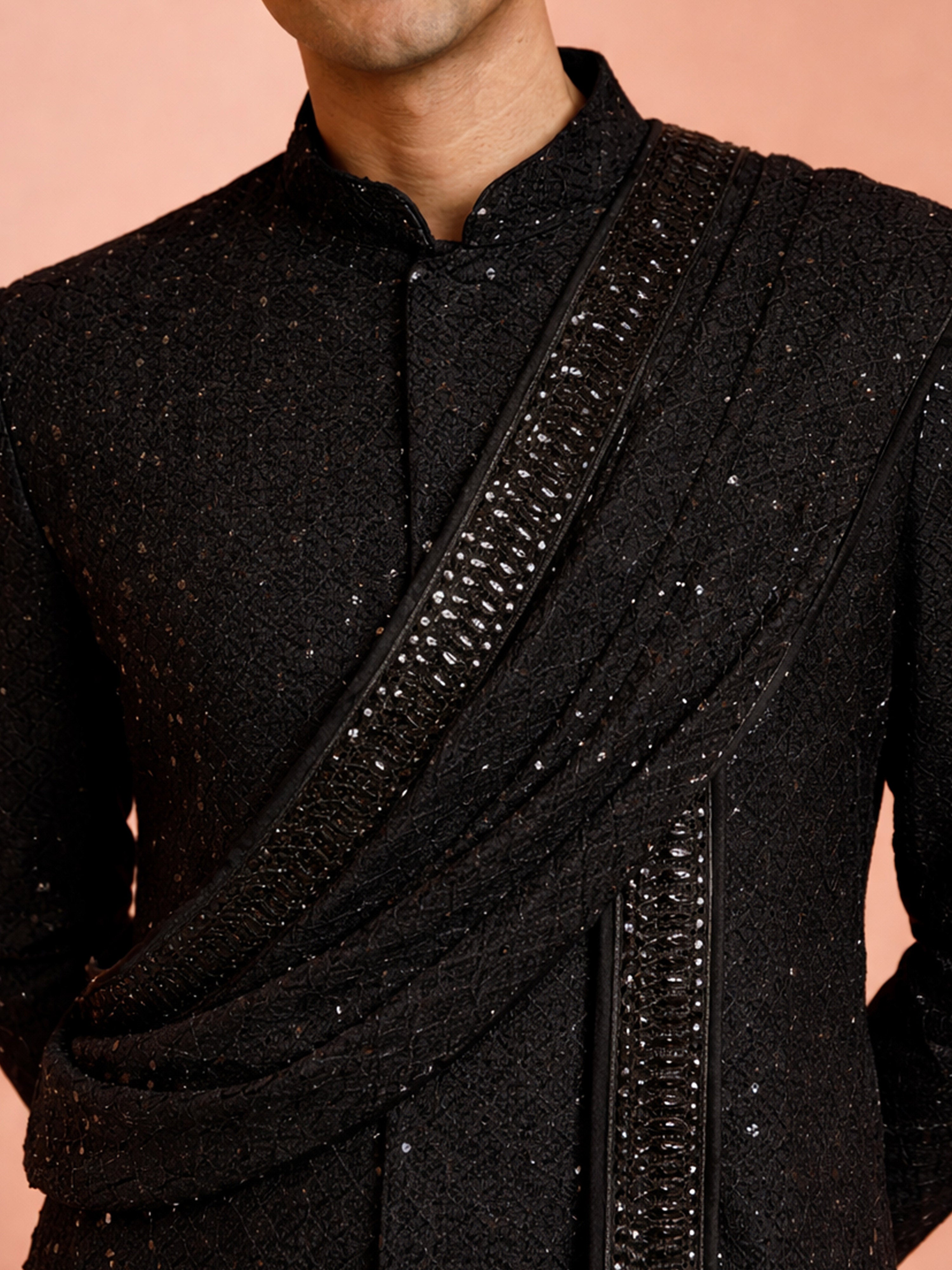 Men Black Sequin Chikankari Sherwani with Pant & Thread Embroidered Georgette Dupatta Set