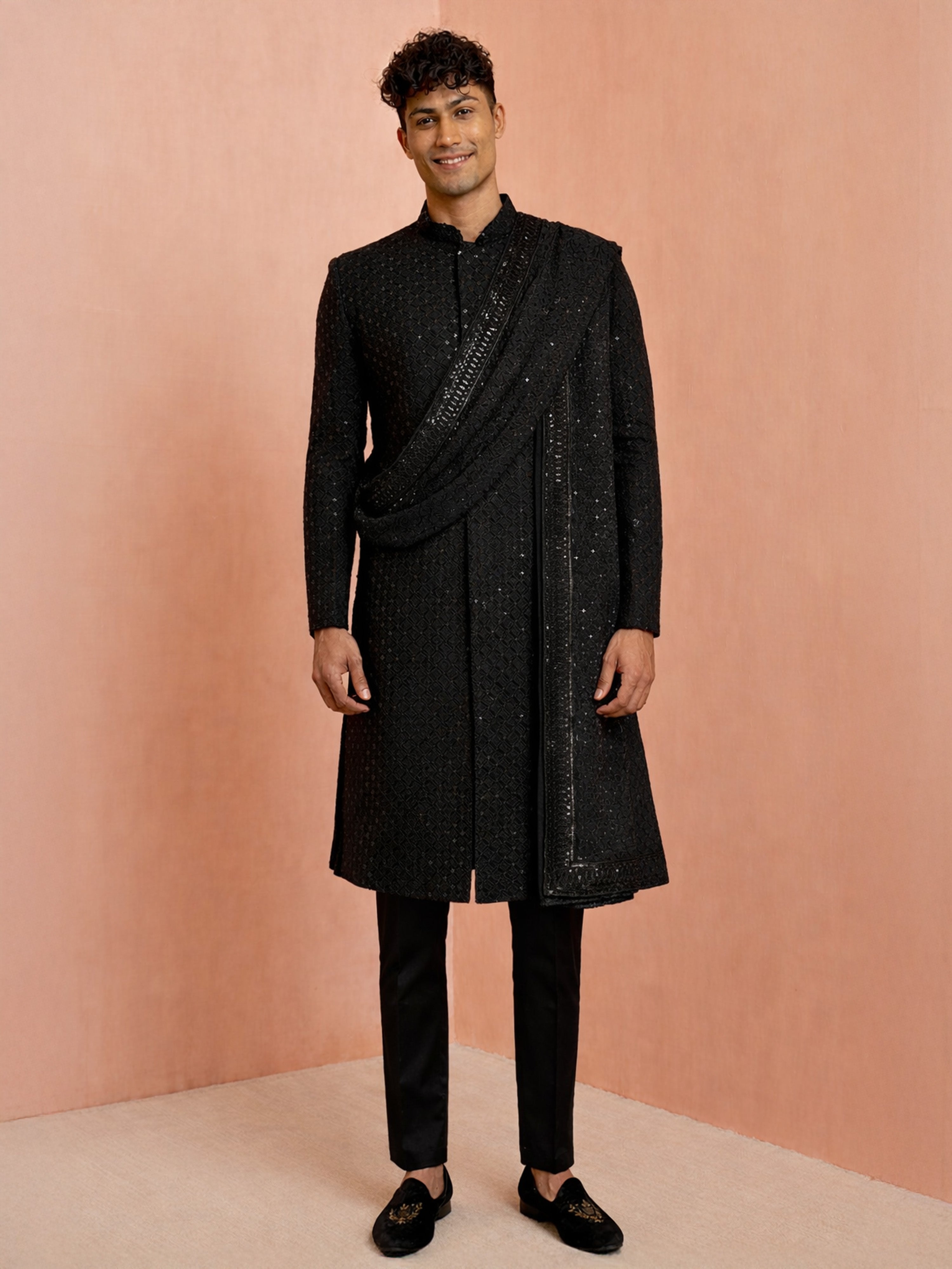 Men Black Sequin Chikankari Sherwani with Pant & Thread Embroidered Georgette Dupatta Set