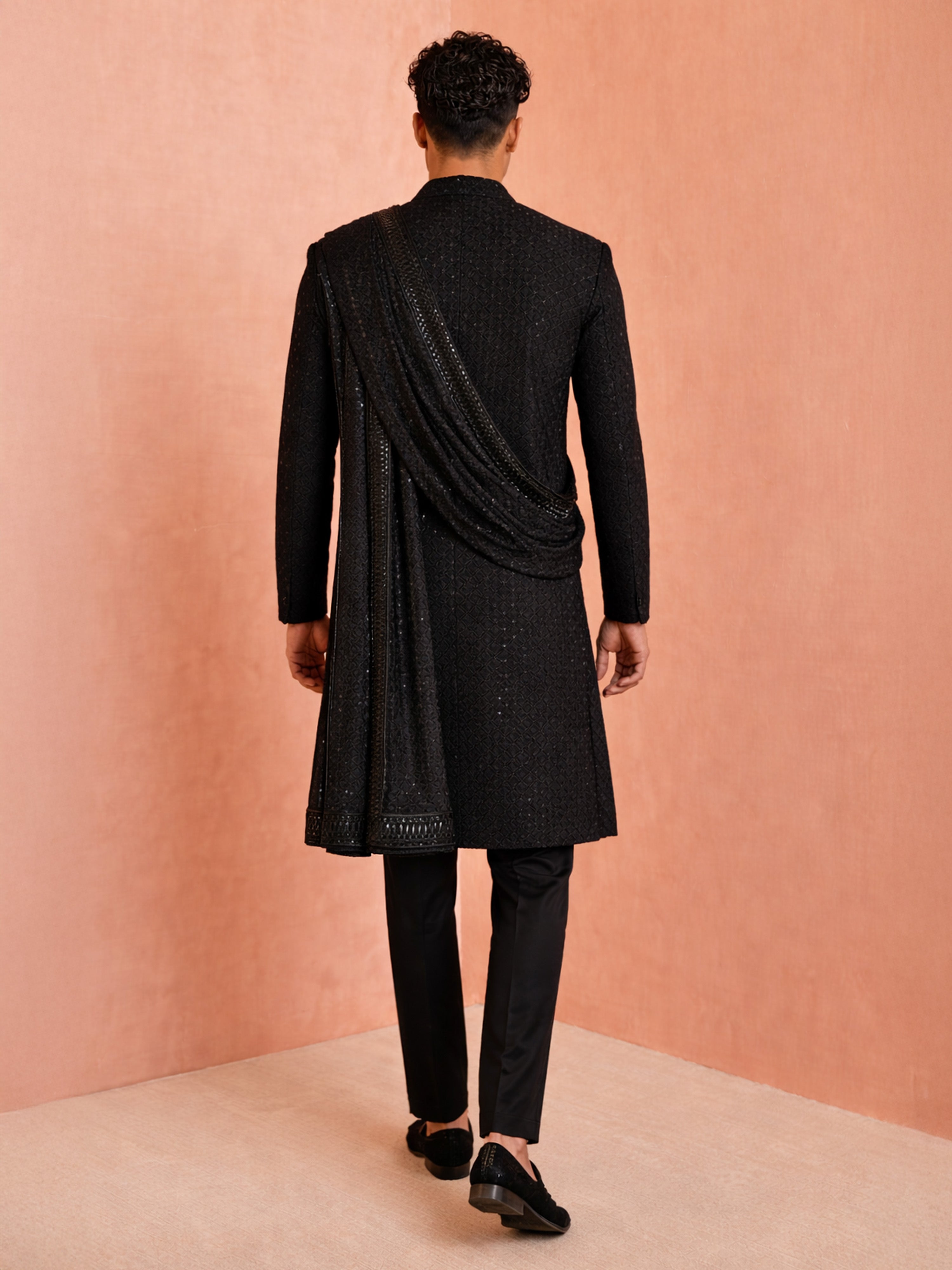 Men Black Sequin Chikankari Sherwani with Pant & Thread Embroidered Georgette Dupatta Set