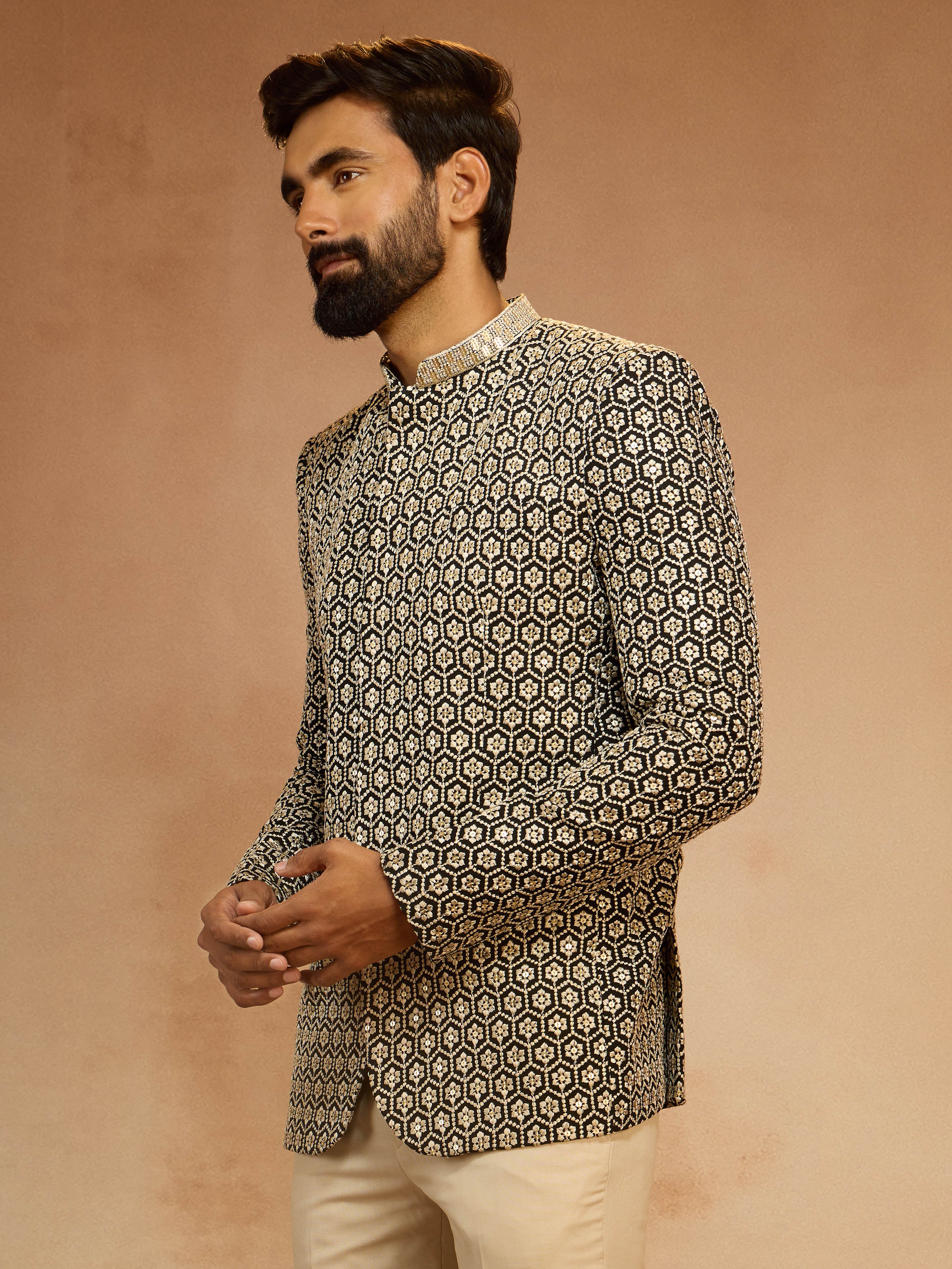 Men's Black Sequin Embroidered Jodhpuri Jacket