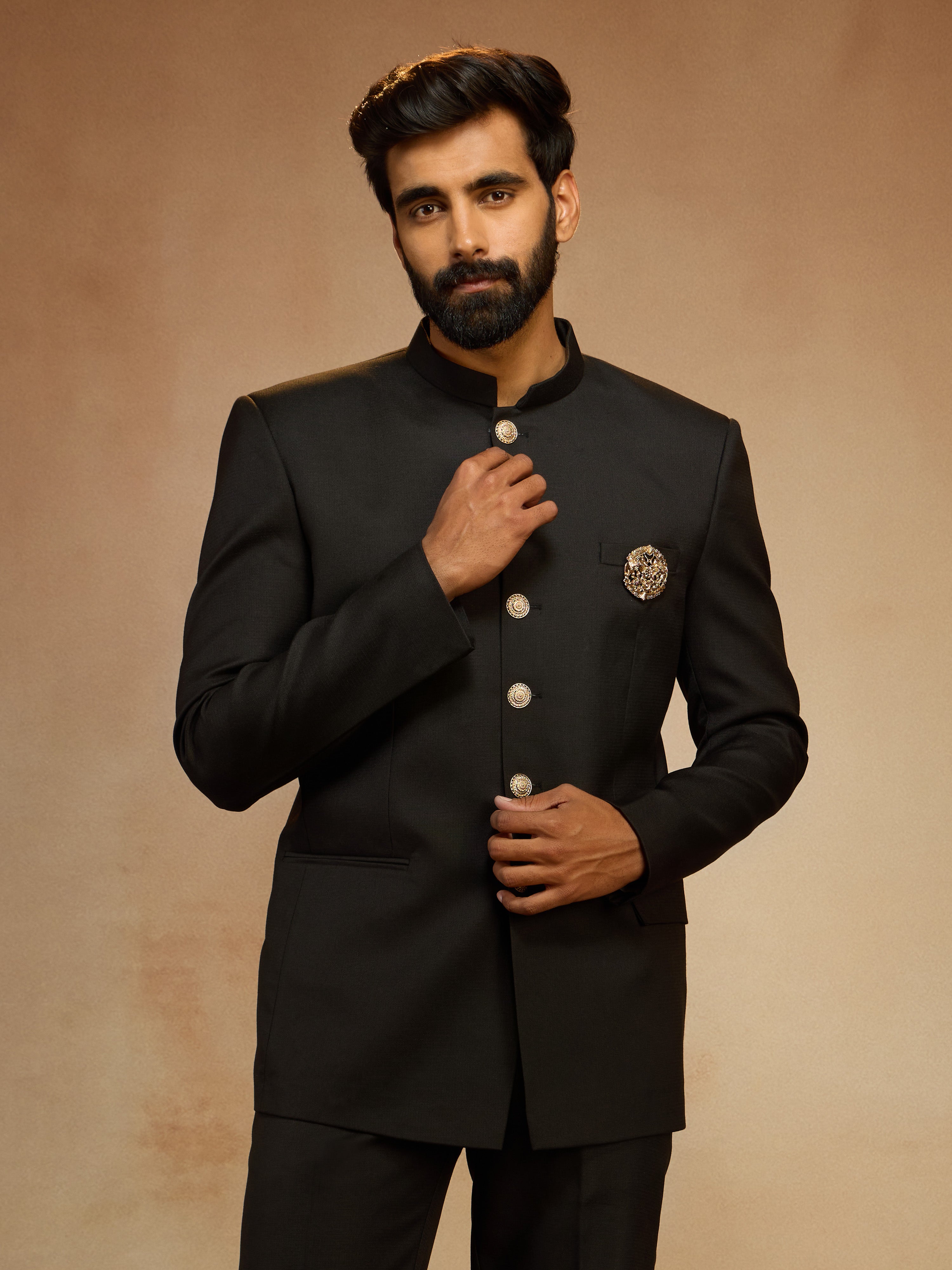 Men's Black Solid Jodhpuri Suit with Brooch Detail in Imported Suiting Lycra