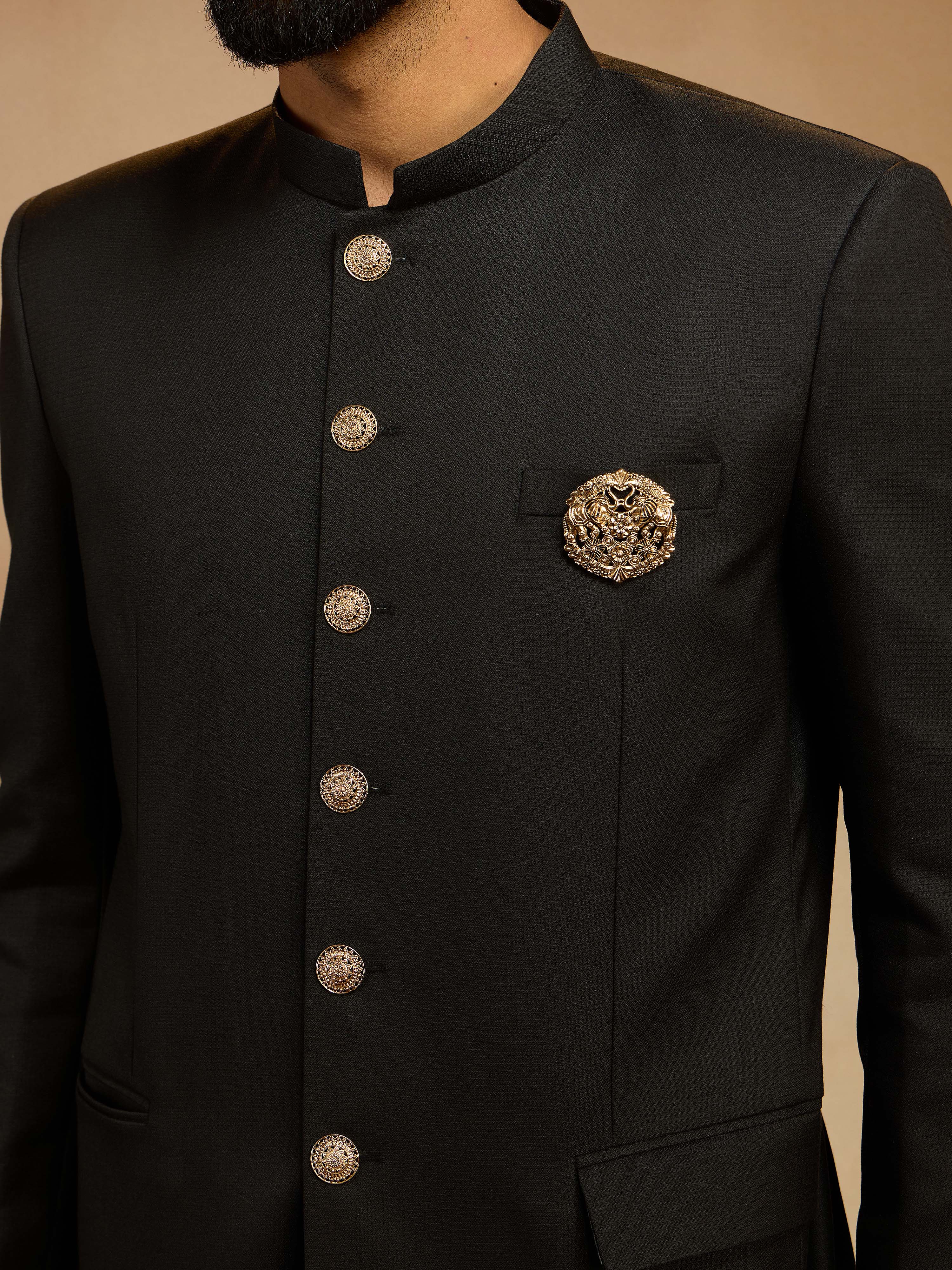 Men's Black Solid Jodhpuri Suit with Brooch Detail in Imported Suiting Lycra