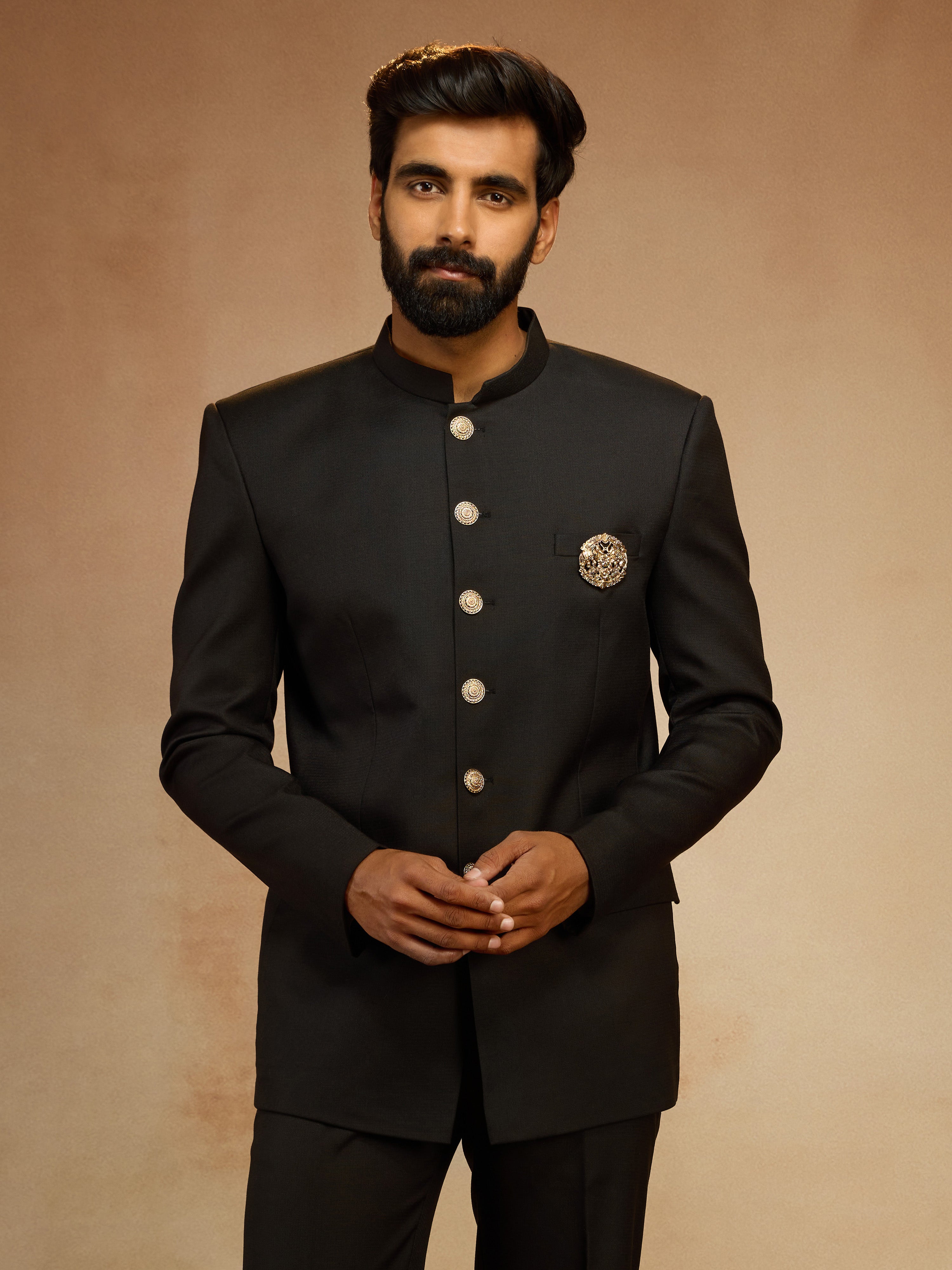 Men's Black Solid Jodhpuri Suit with Brooch Detail in Imported Suiting Lycra