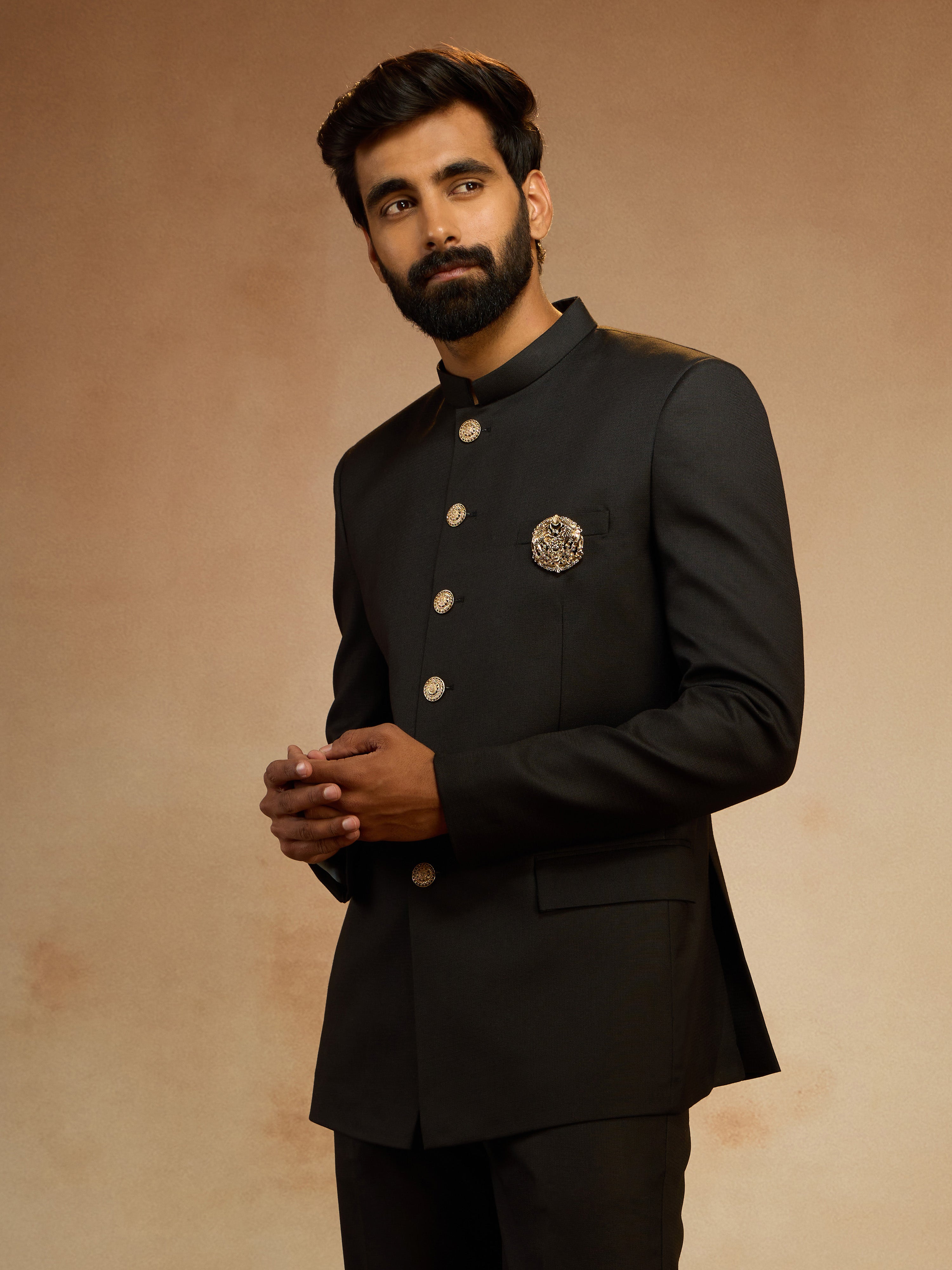 Men's Black Solid Jodhpuri Suit with Brooch Detail in Imported Suiting Lycra