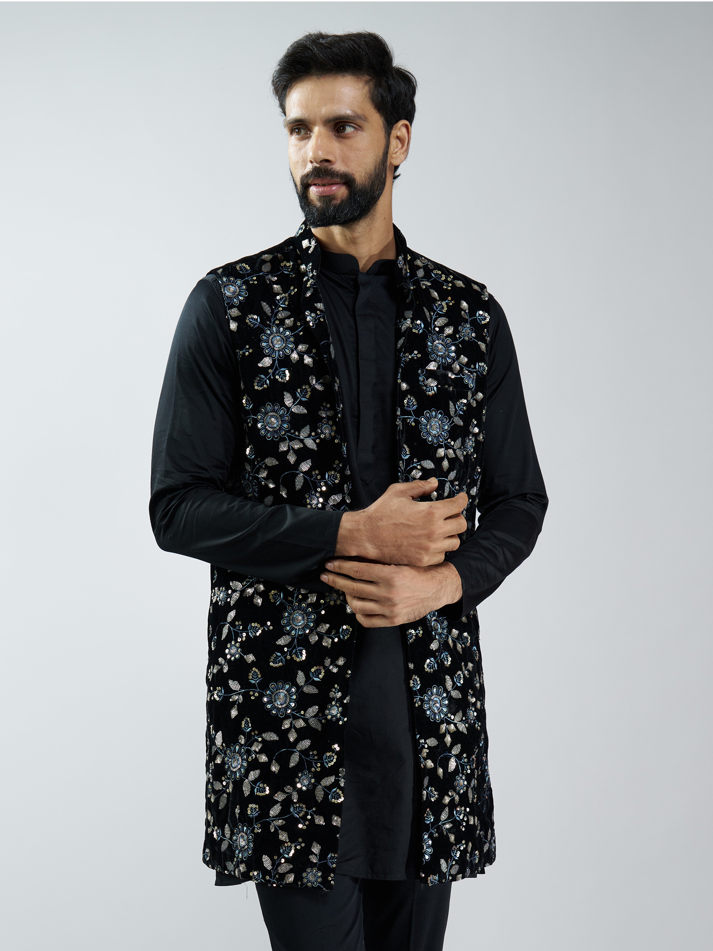 Men Black Velvet Embroidered Nehru Jacket