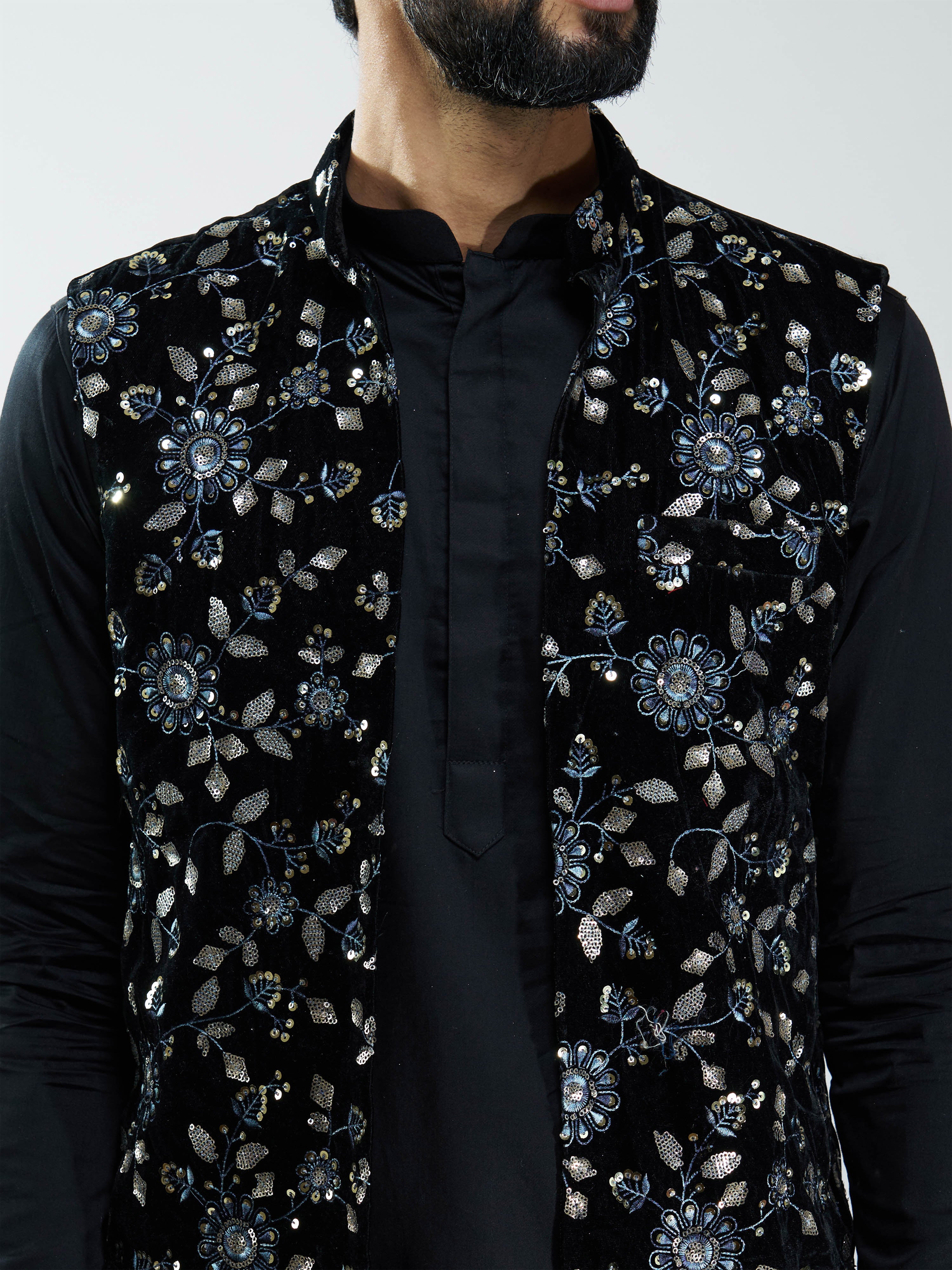 Men Black Velvet Embroidered Nehru Jacket
