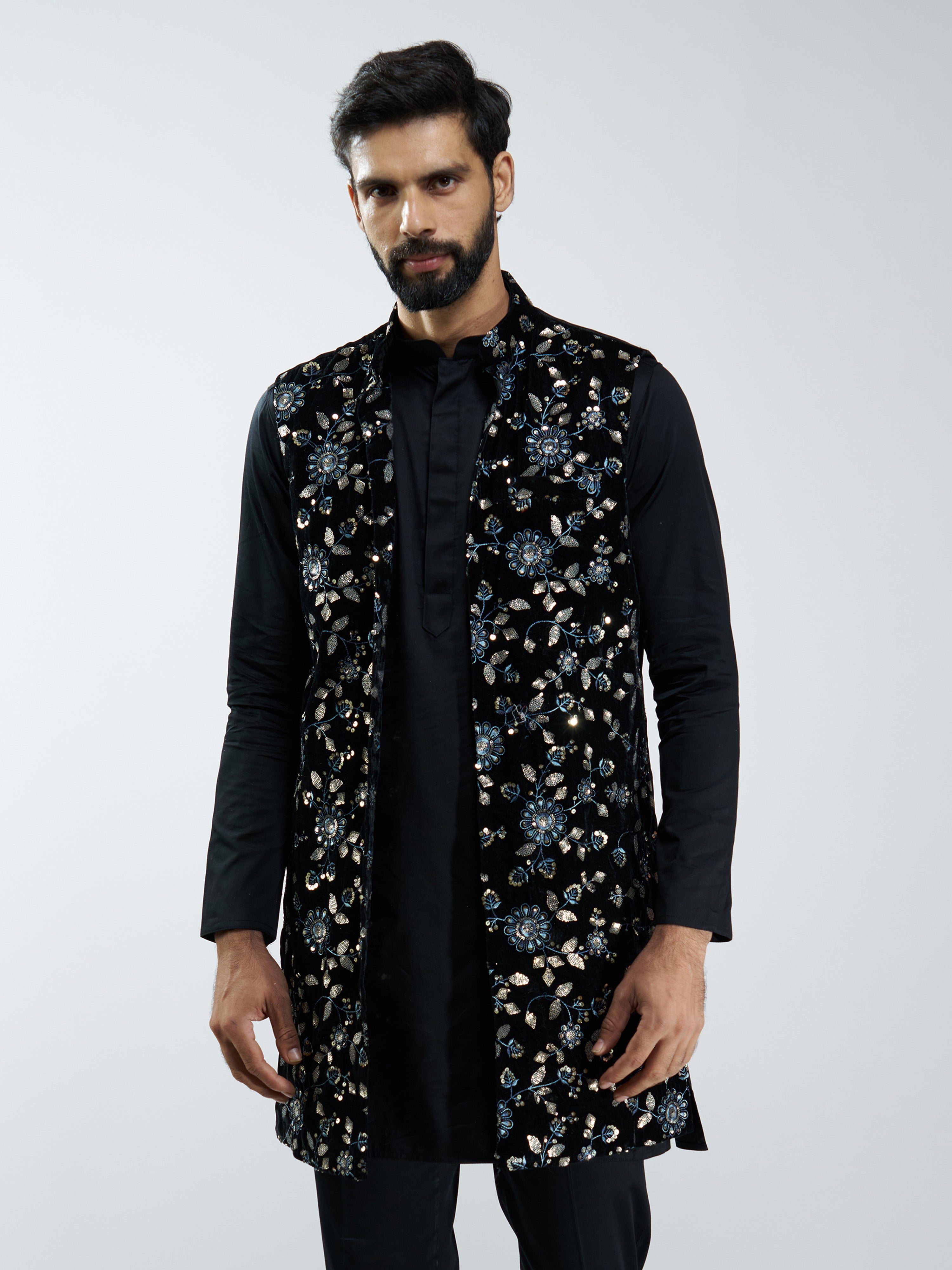 Men Black Velvet Embroidered Nehru Jacket