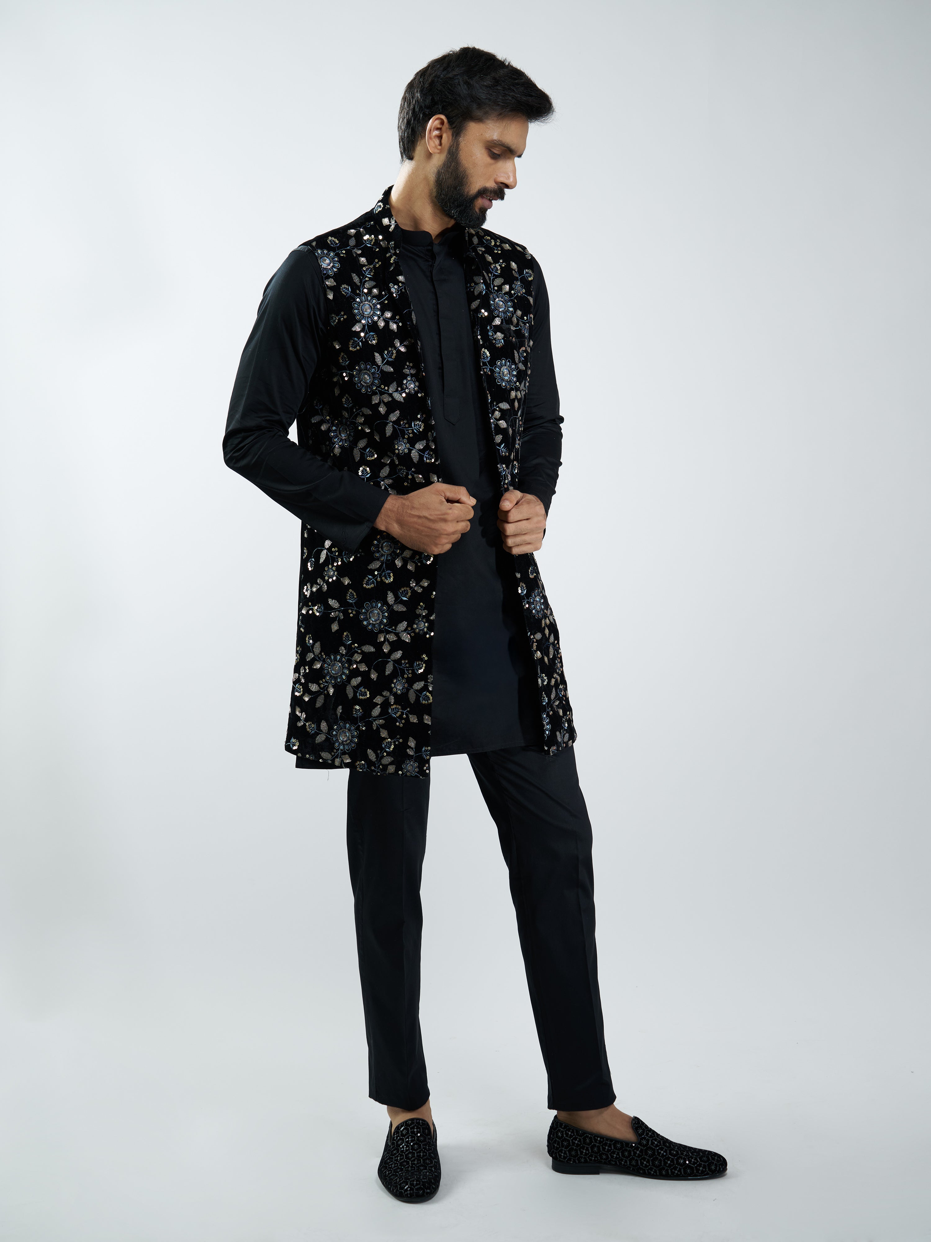 Men Black Velvet Embroidered Nehru Jacket
