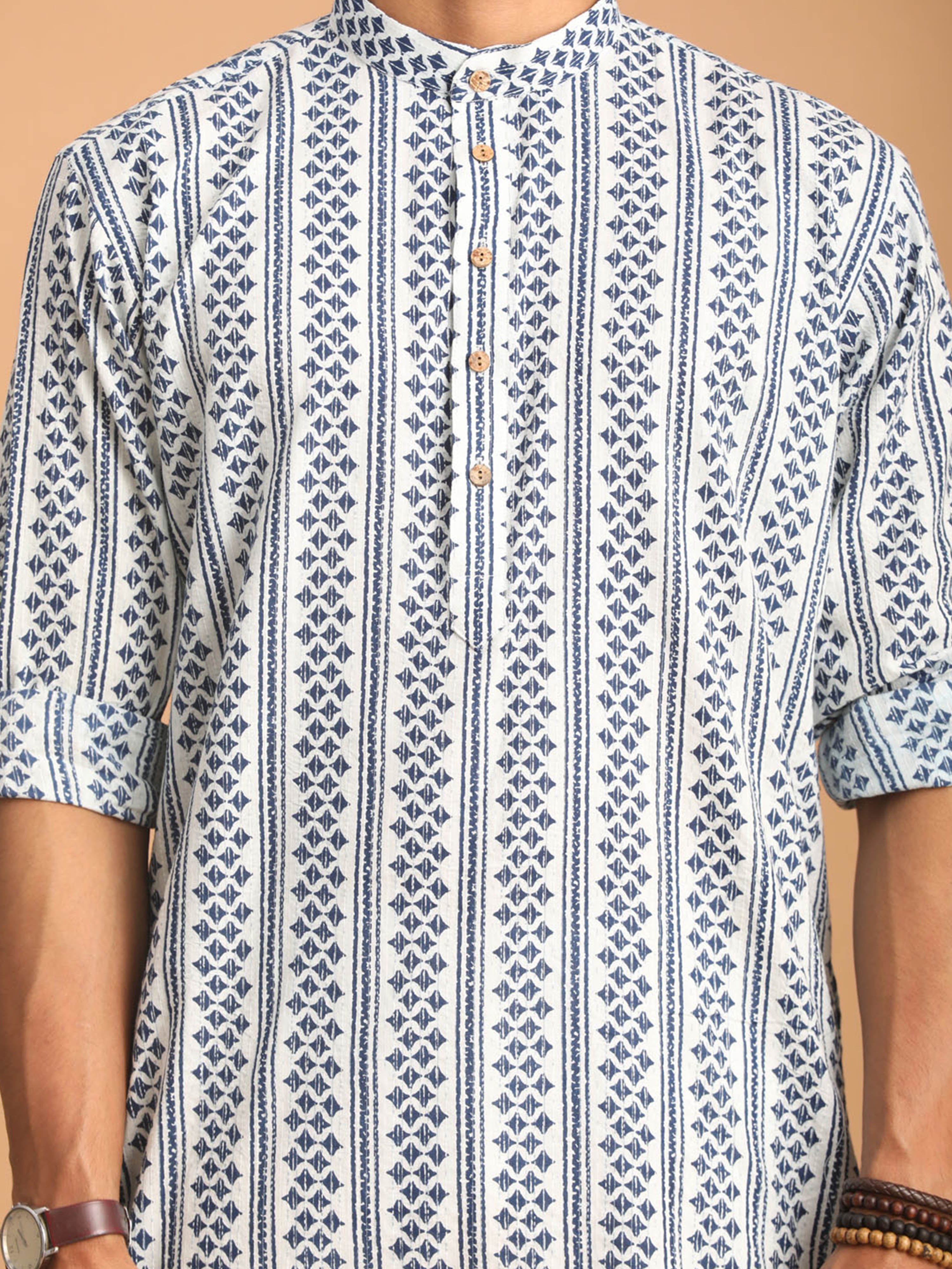 Men Blue Kantha & Ethnic Motif Screen Print Cotton Kurta with Navy Blue Solid Cotton Pant Set