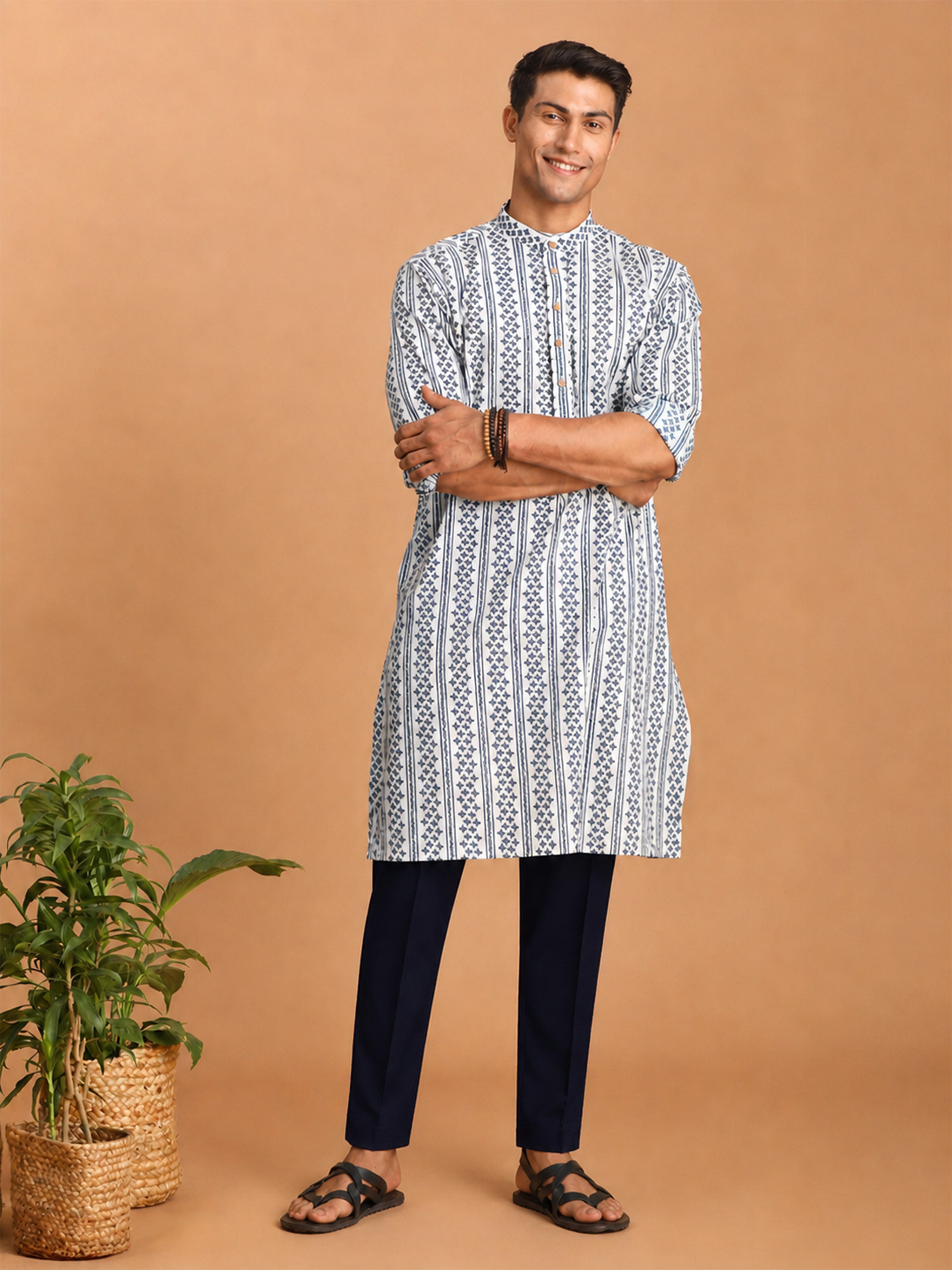 Men Blue Kantha & Ethnic Motif Screen Print Cotton Kurta with Navy Blue Solid Cotton Pant Set