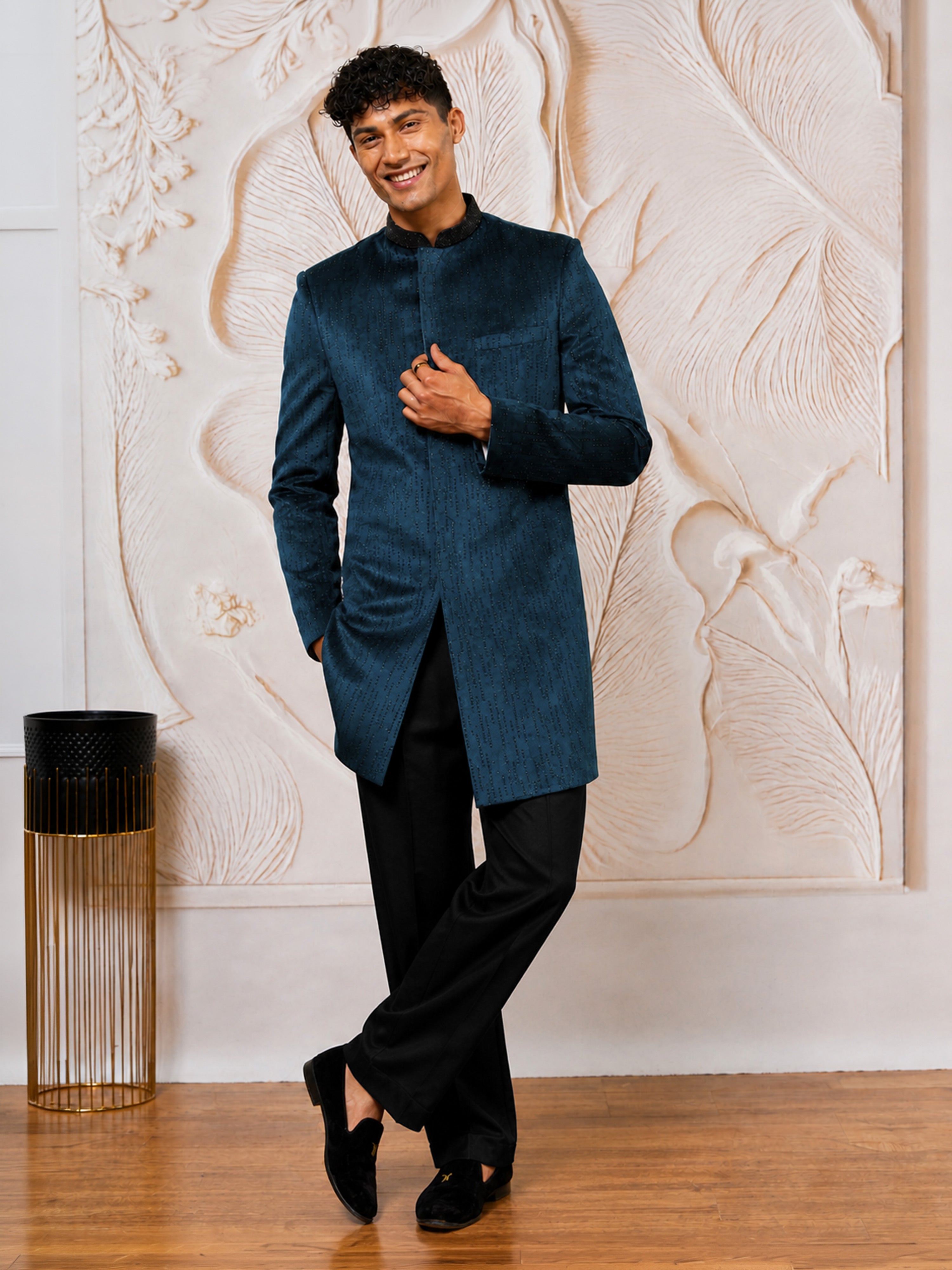 Men Bottle Green Stone & Cutdana Work Velvet Indo-Western with Cream Wide Leg Palazzo Set