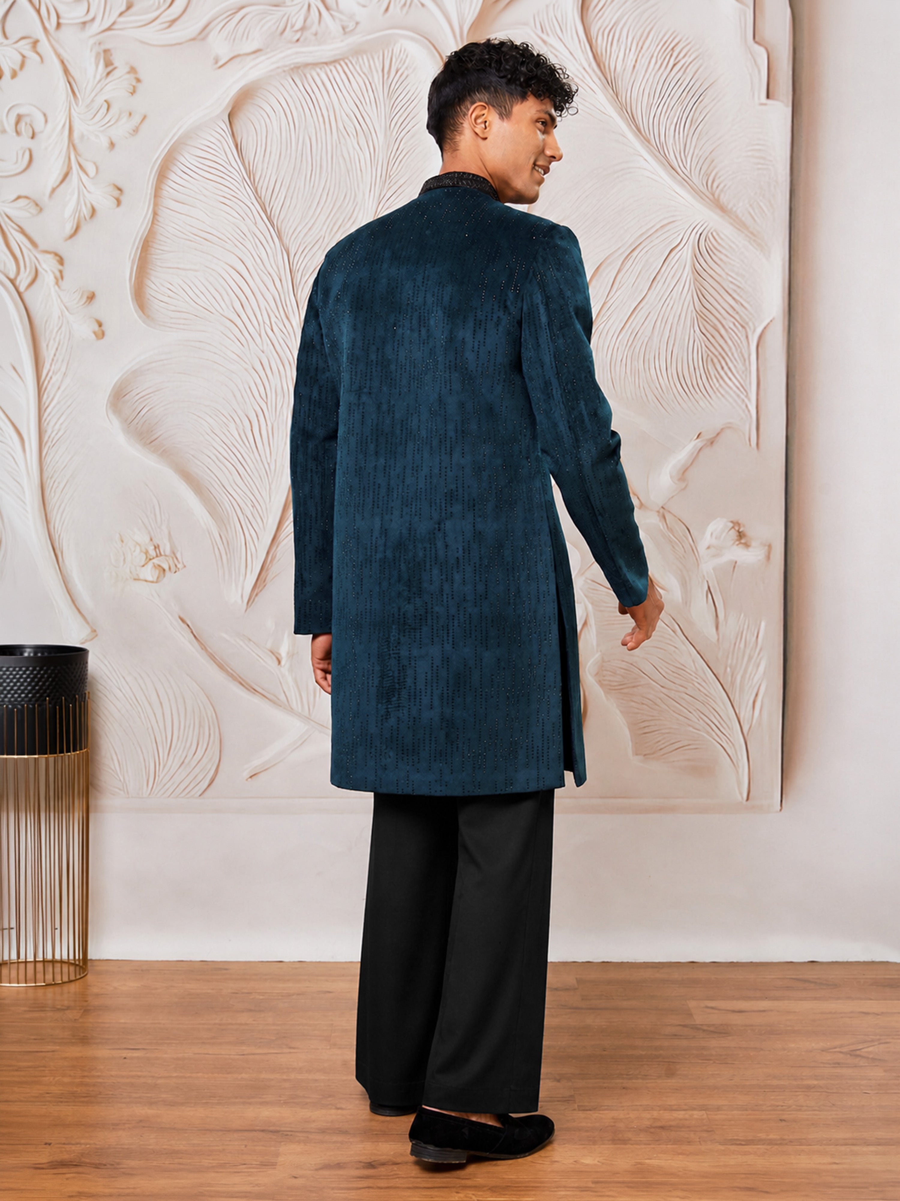 Men Bottle Green Stone & Cutdana Work Velvet Indo-Western with Cream Wide Leg Palazzo Set