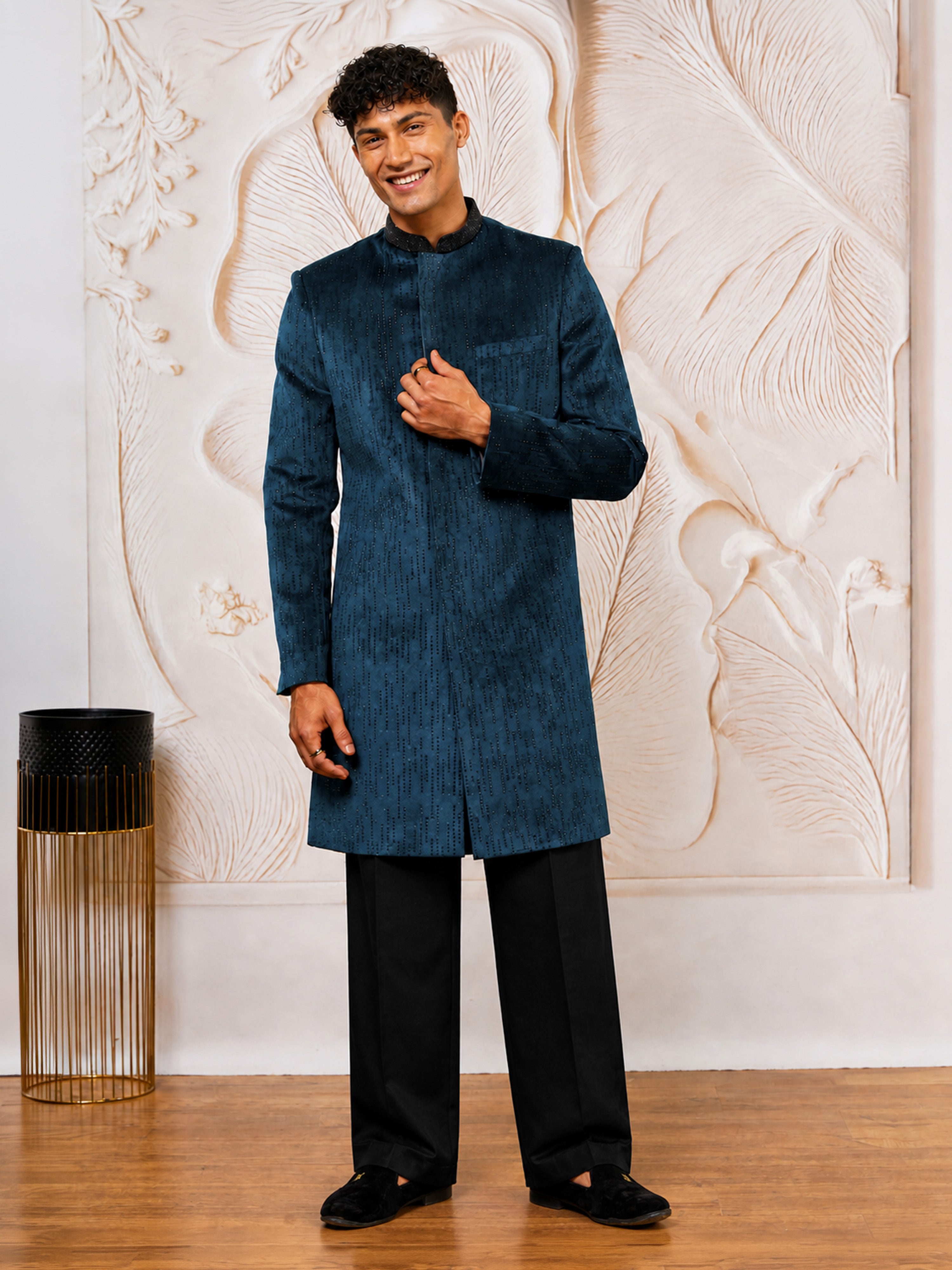 Men Bottle Green Stone & Cutdana Work Velvet Indo-Western with Cream Wide Leg Palazzo Set