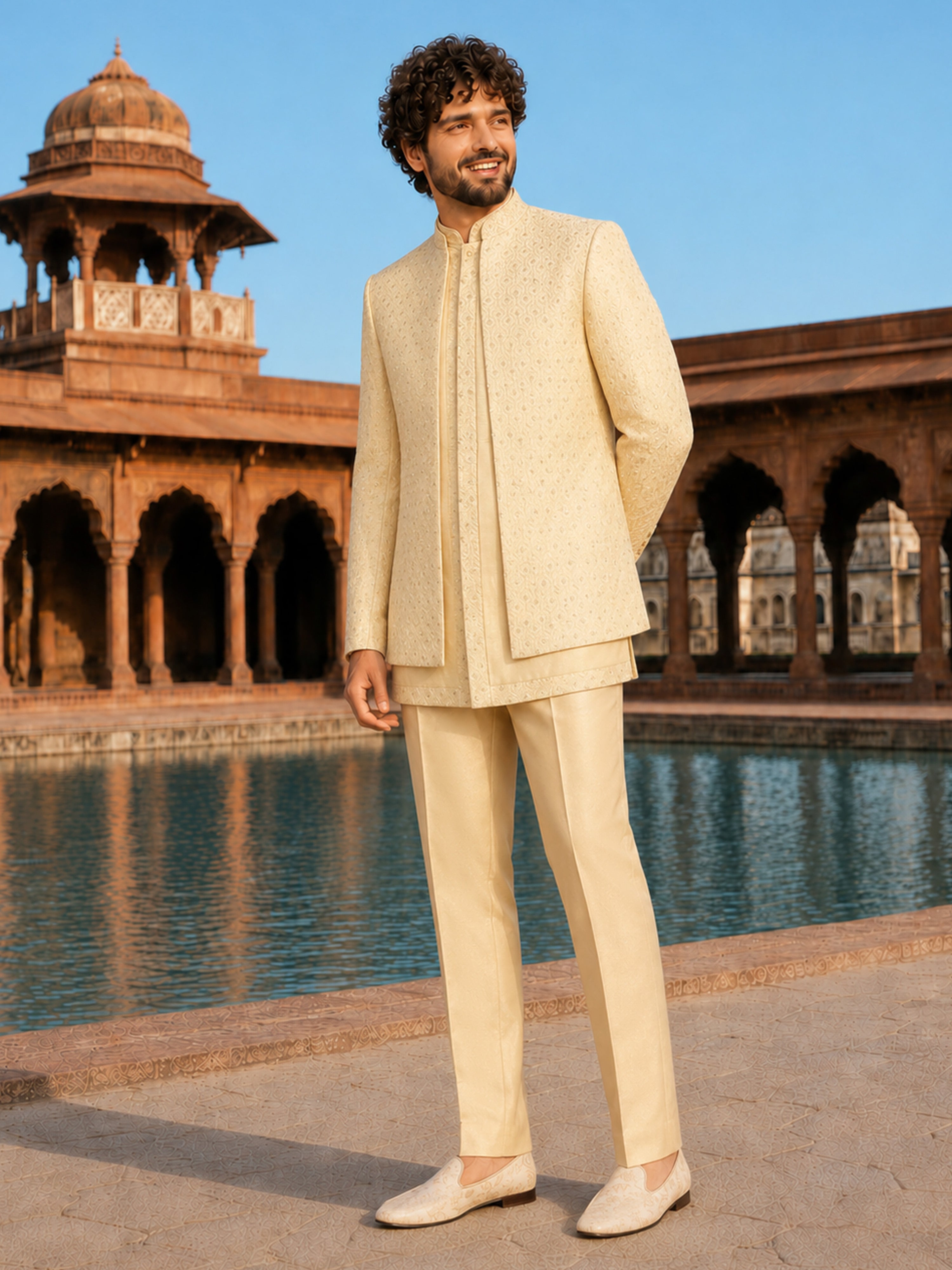 Men Cream Self Design Woven Design / Jacquard Waist Length Straight PantSherwani Set