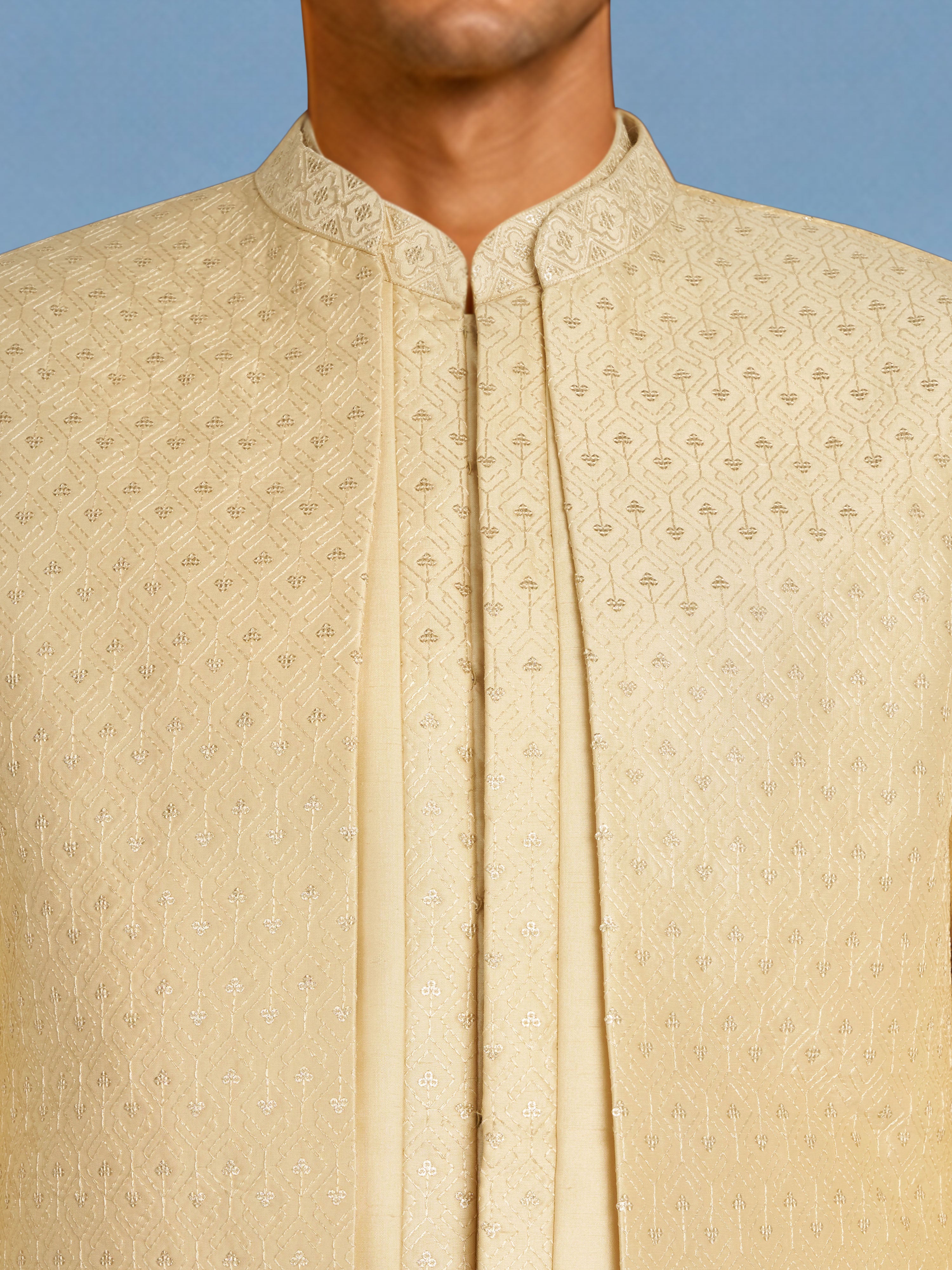 Men Cream Self Design Woven Design / Jacquard Waist Length Straight PantSherwani Set
