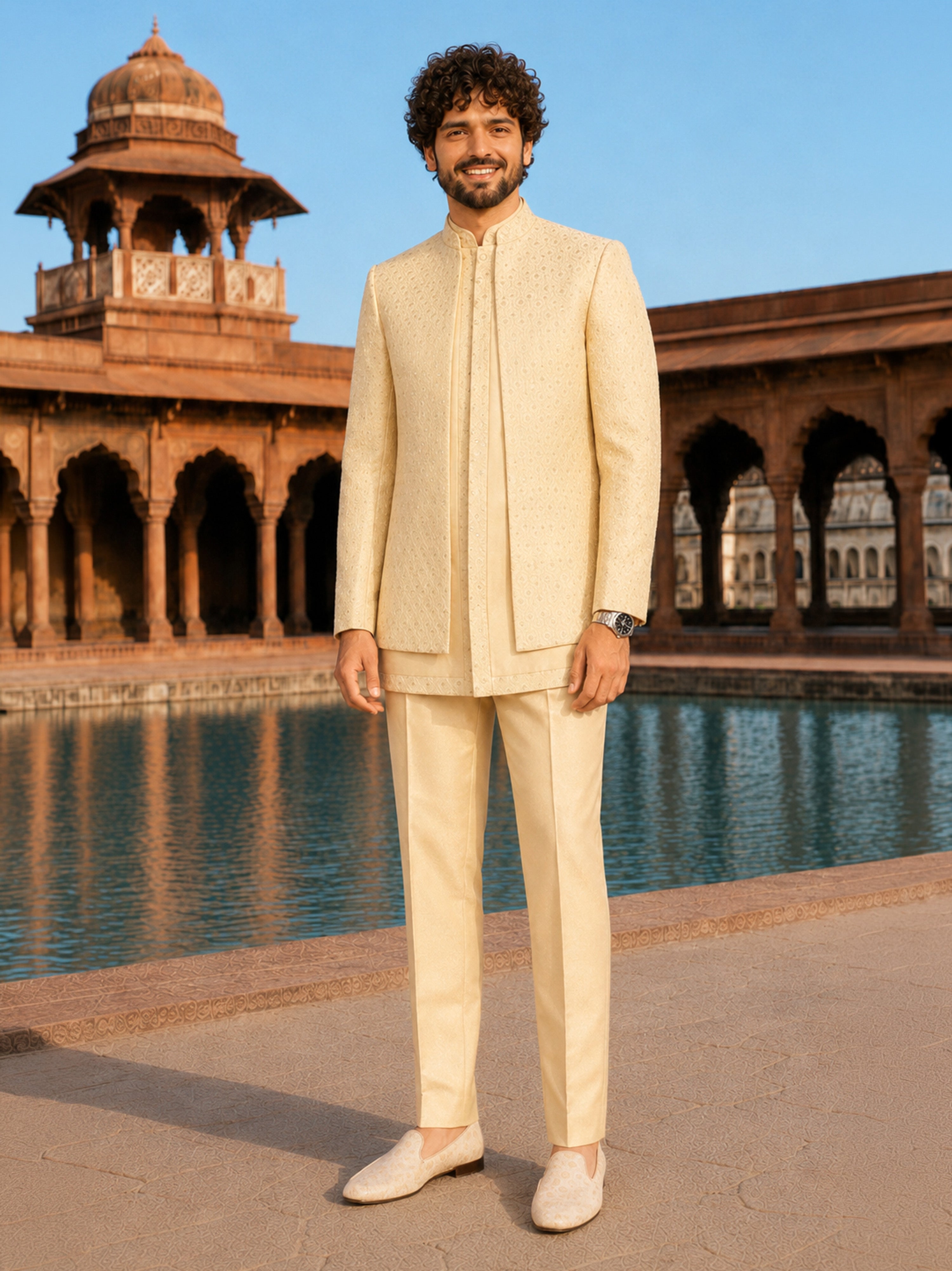 Men Cream Self Design Woven Design / Jacquard Waist Length Straight PantSherwani Set