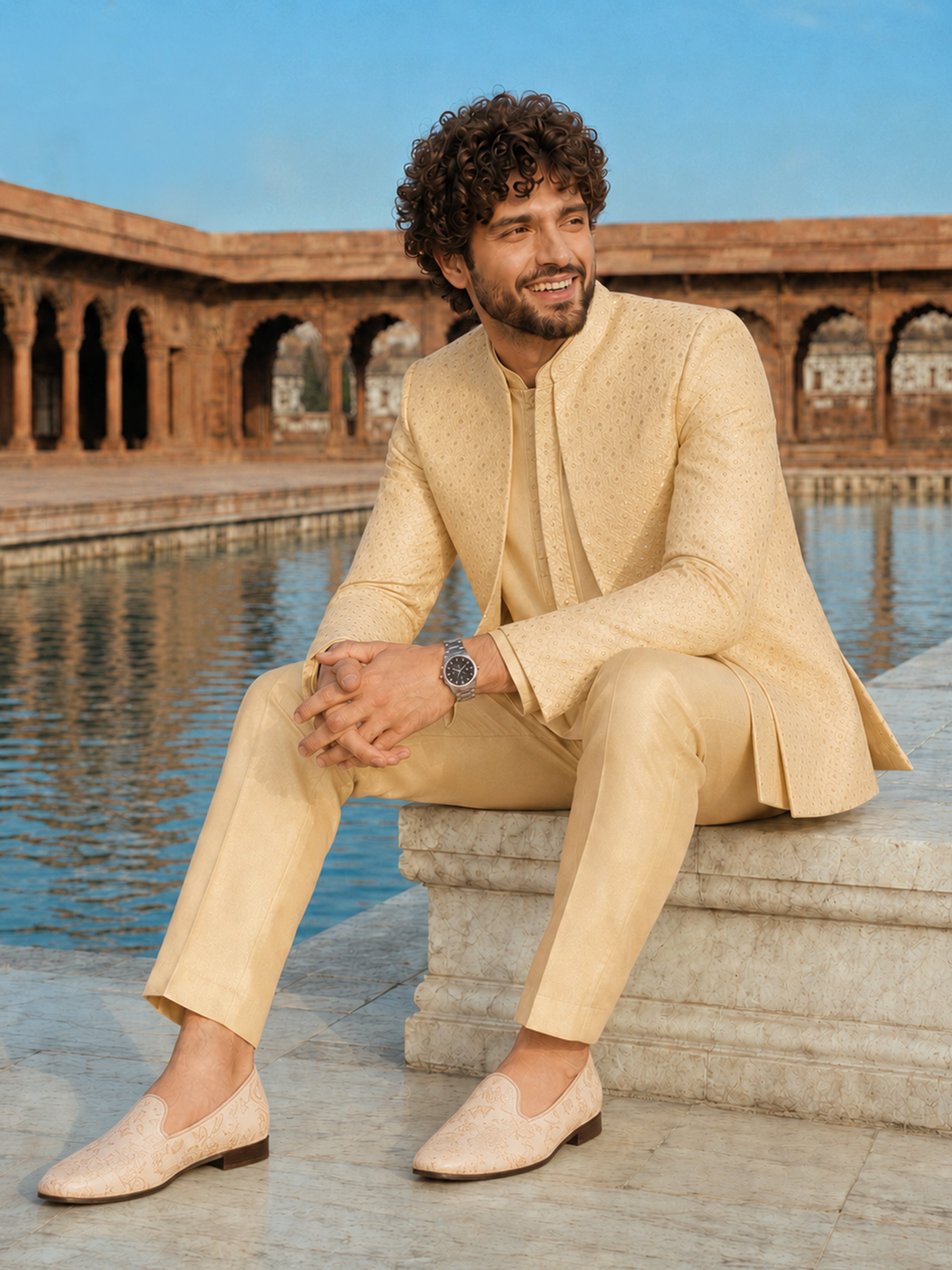 Men Cream Self Design Woven Design / Jacquard Waist Length Straight PantSherwani Set