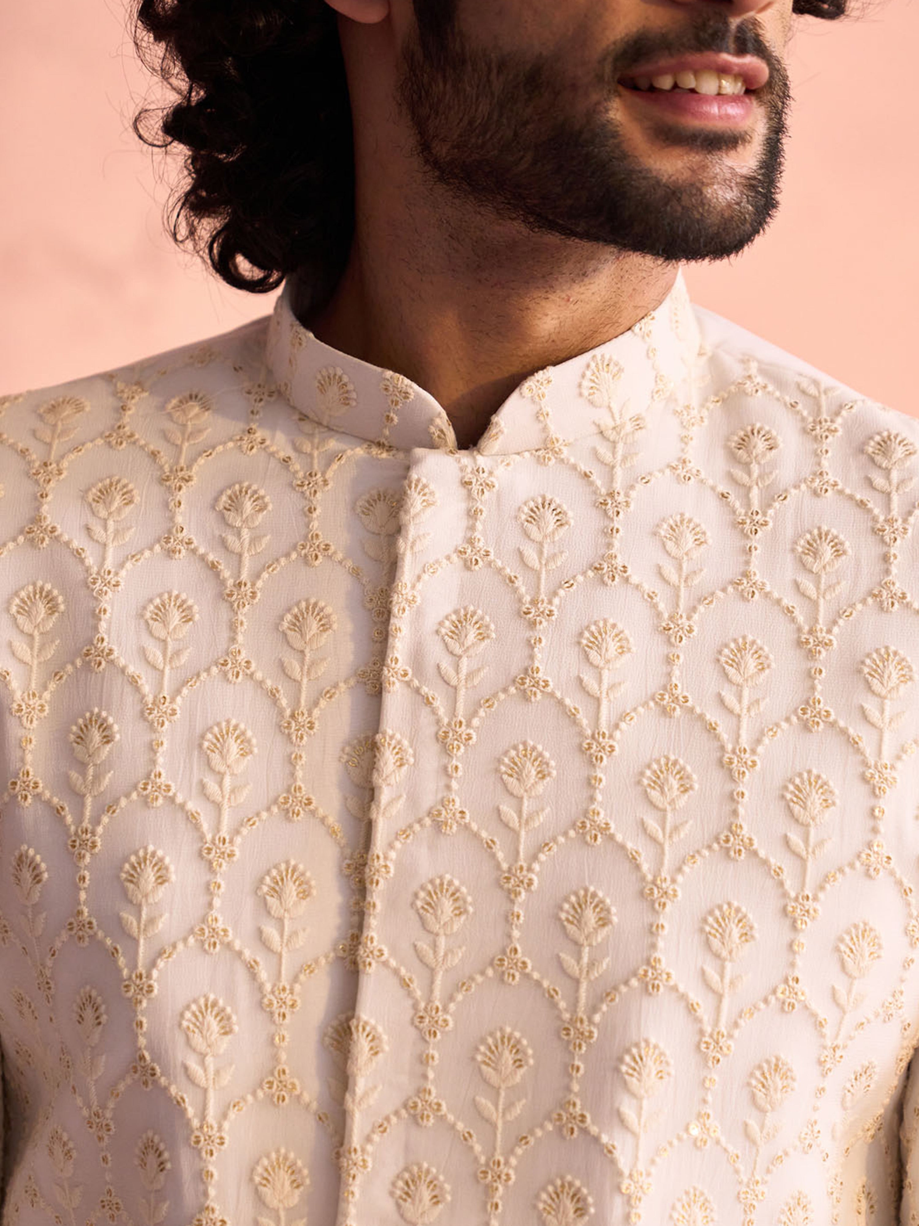 Men Cream Sequin Georgette Sherwani with Silk Blend Churidar Set