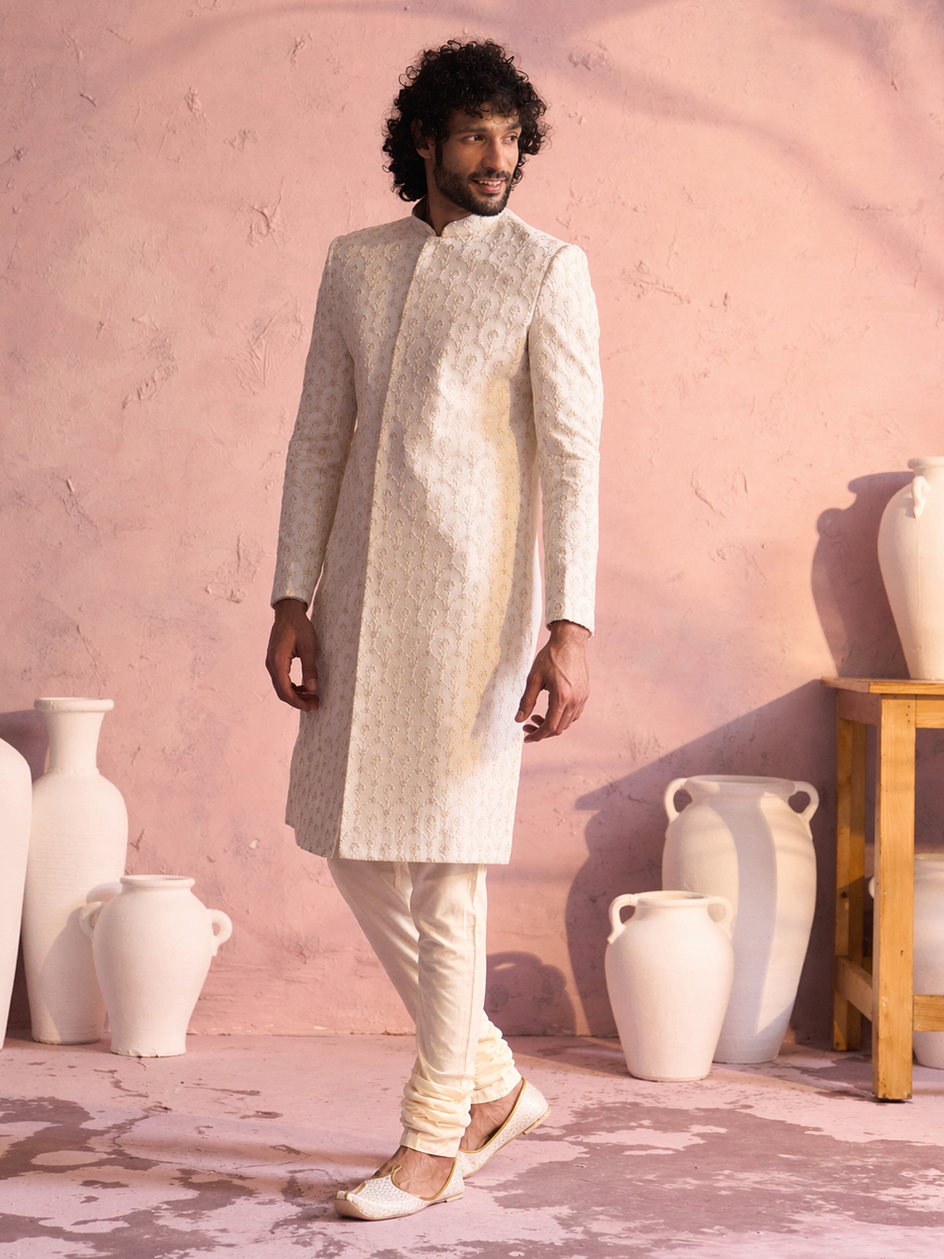 Men Cream Sequin Georgette Sherwani with Silk Blend Churidar Set
