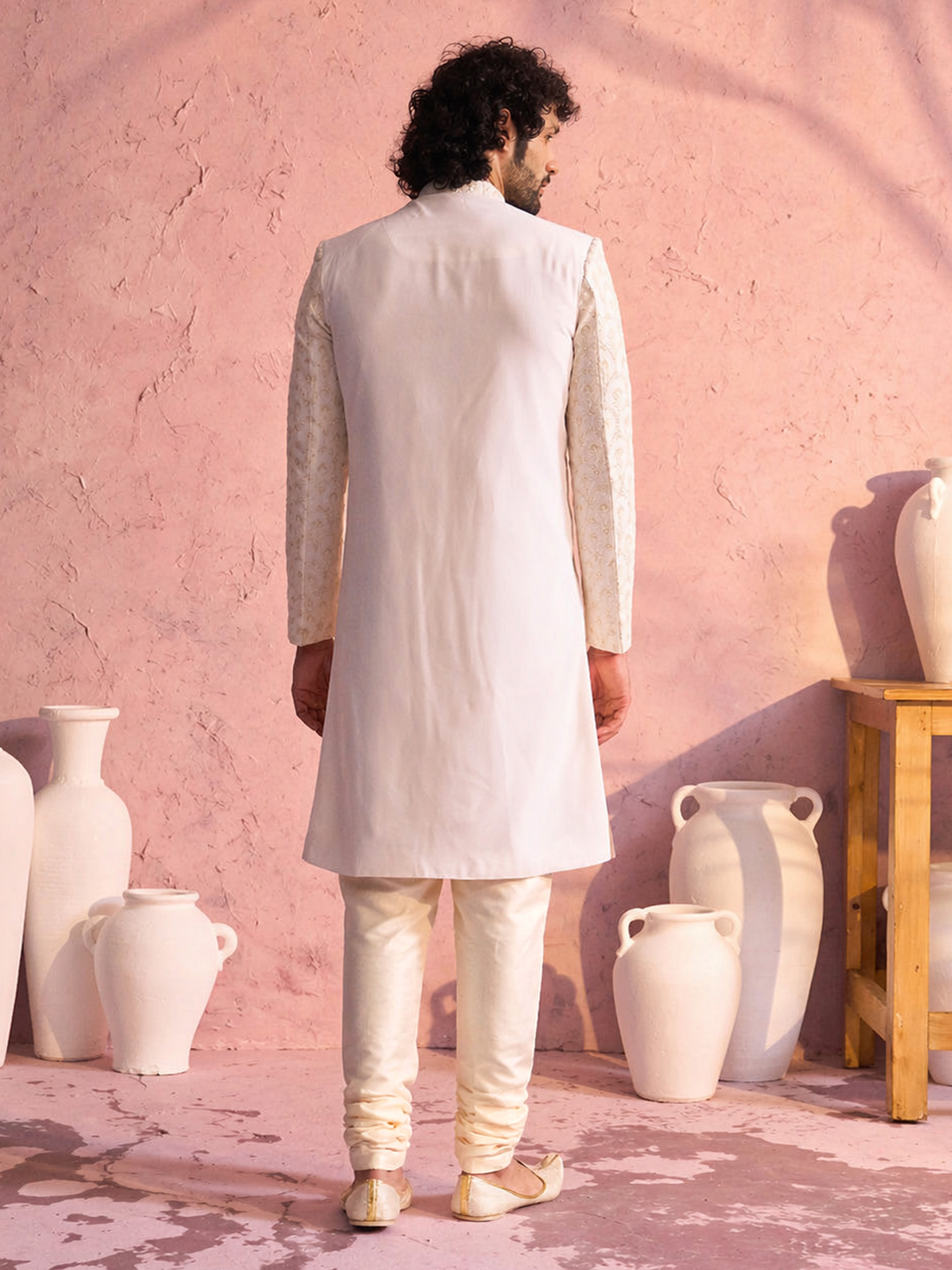 Men Cream Sequin Georgette Sherwani with Silk Blend Churidar Set