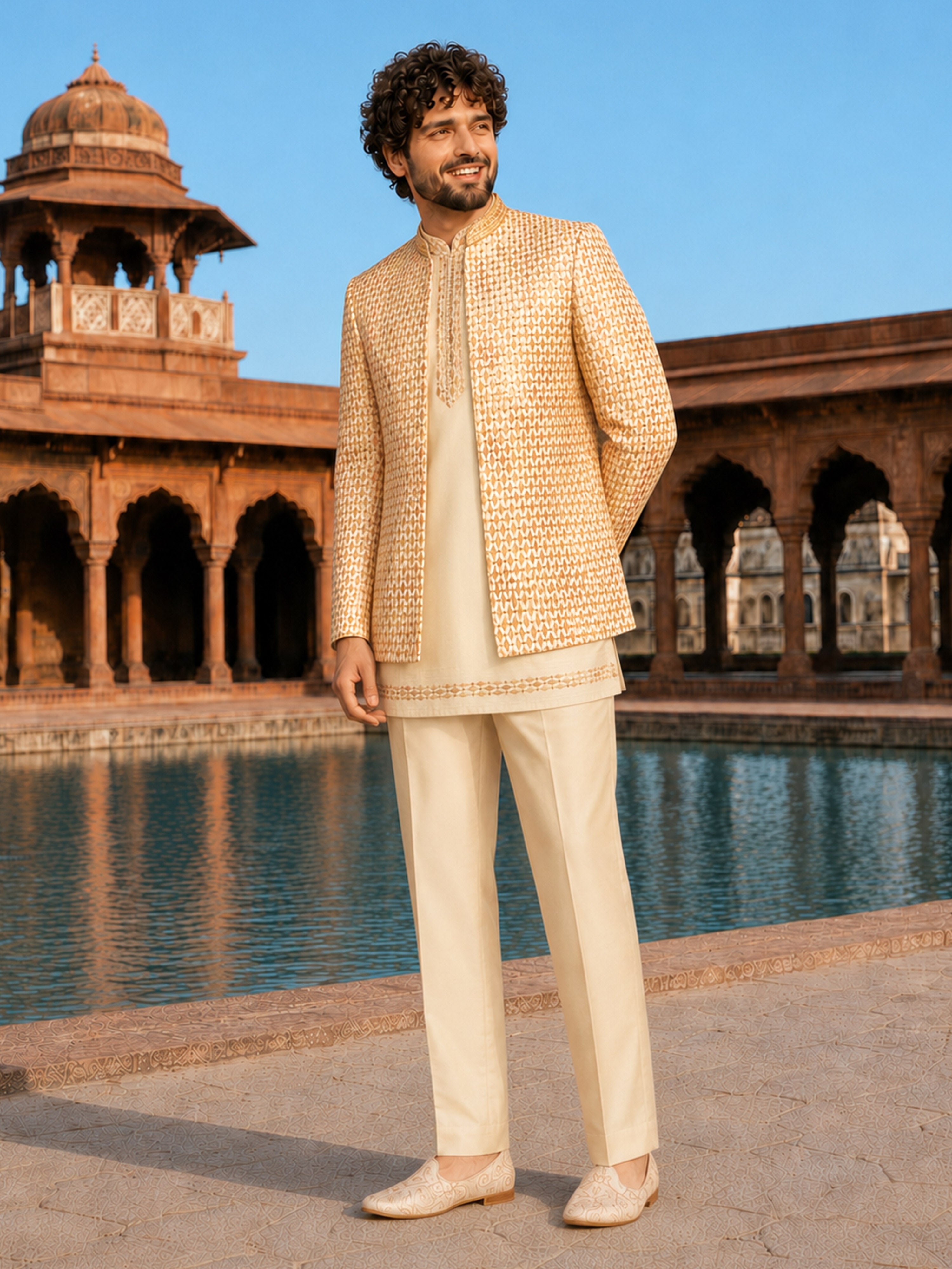 Men's Cream Silk Blend Geometry Regular Jodhpuri Jacket