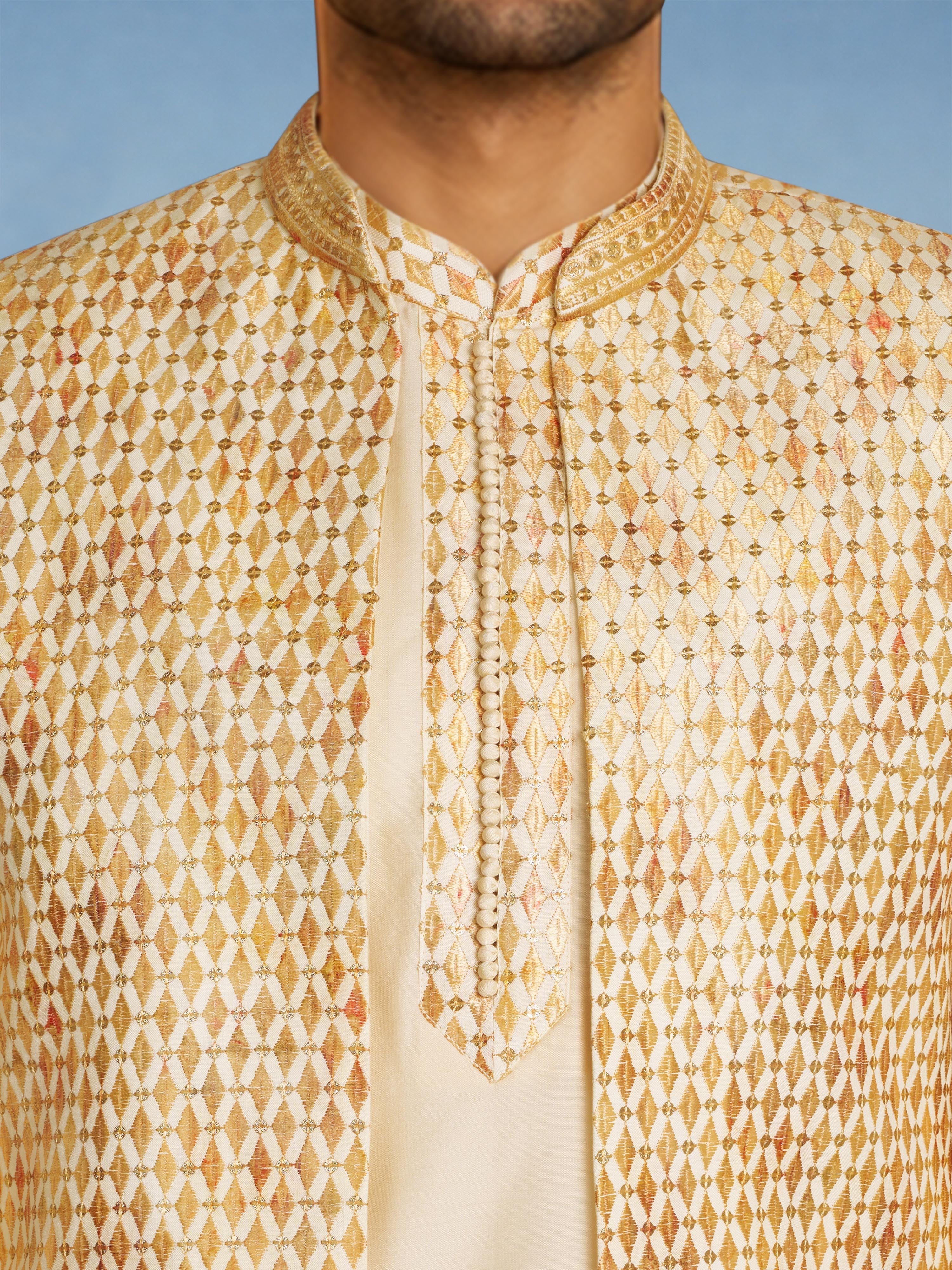 Men's Cream Silk Blend Geometry Regular Jodhpuri Jacket