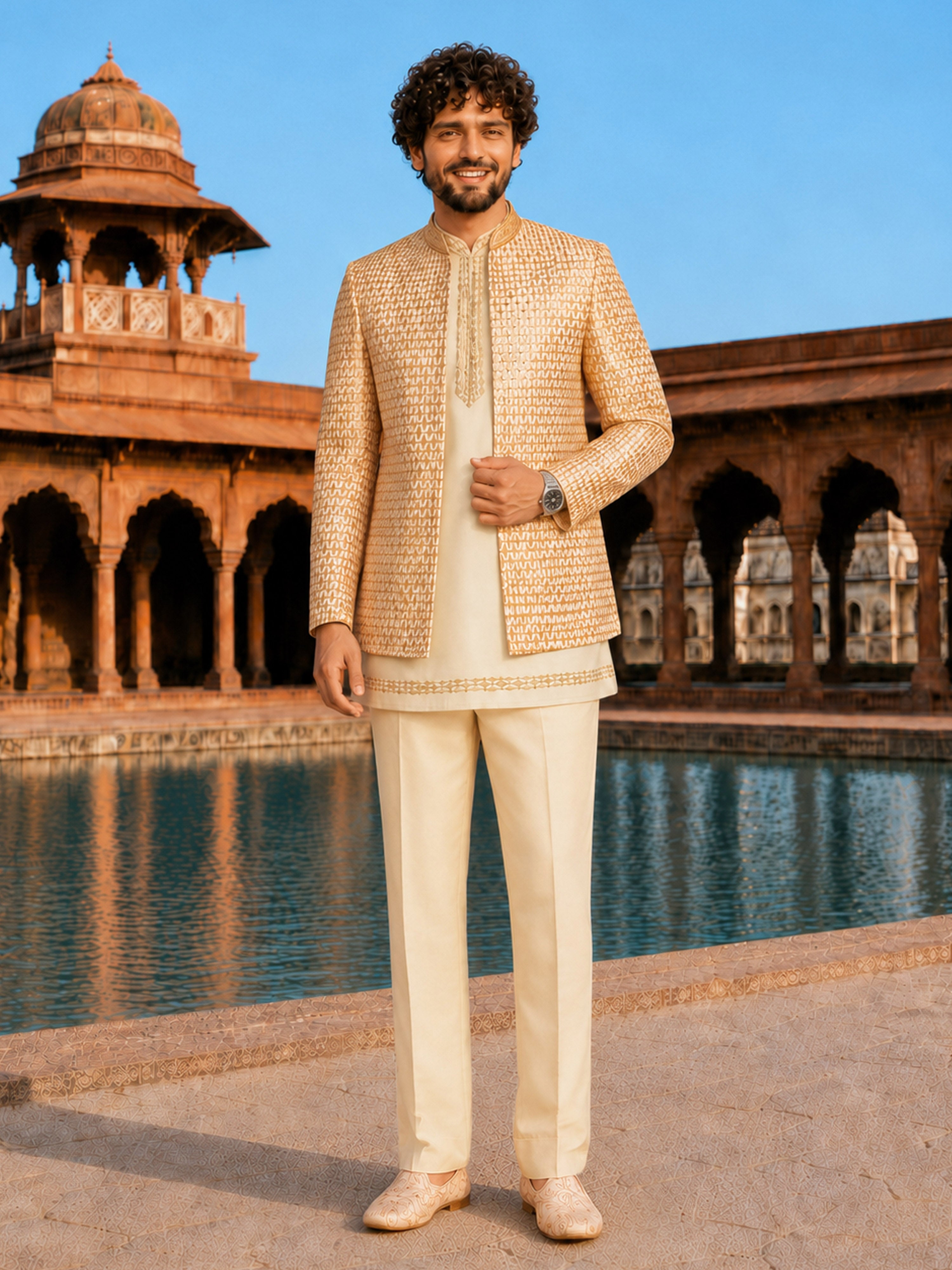 Men's Cream Silk Blend Geometry Regular Jodhpuri Jacket