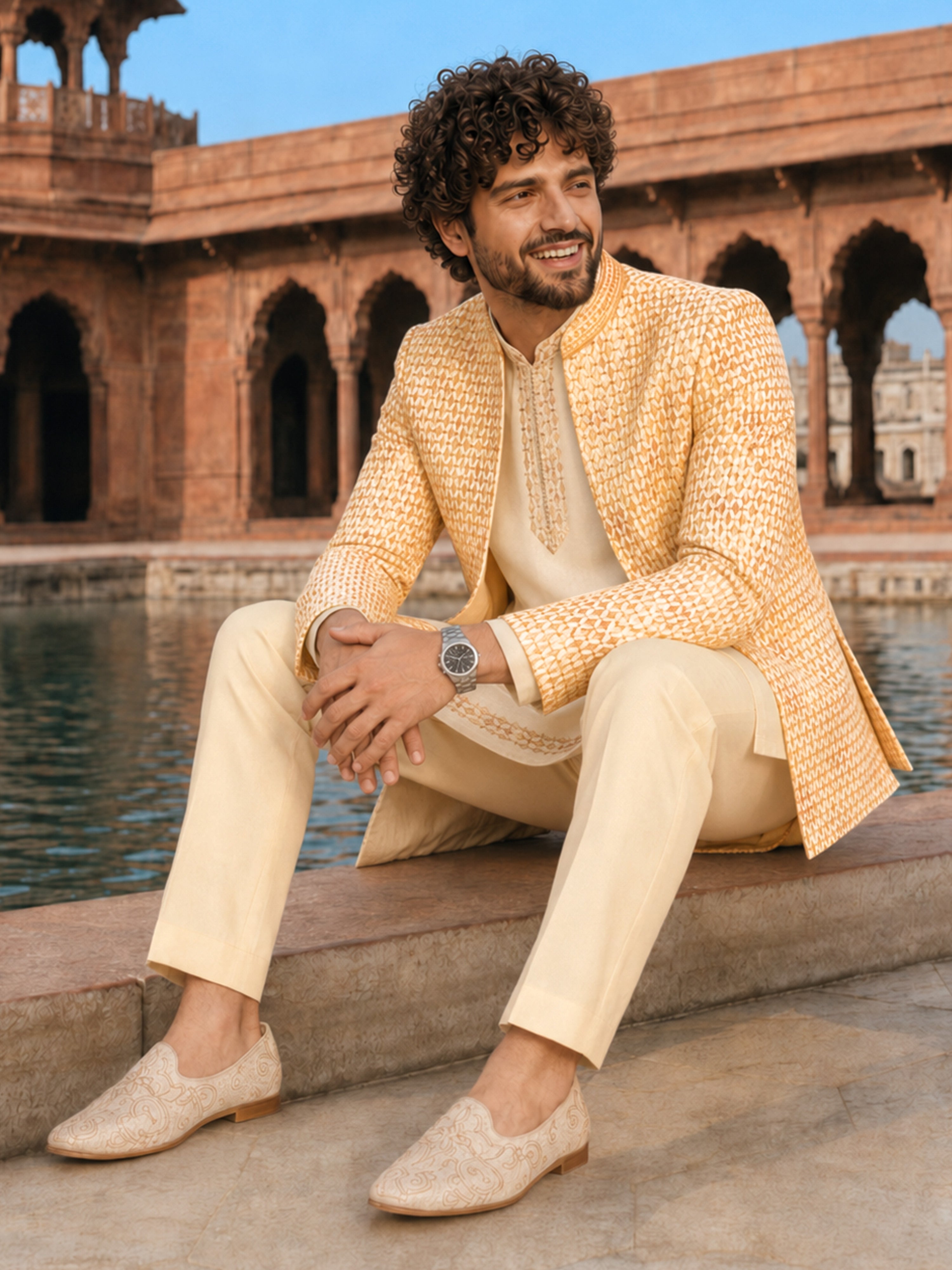 Men's Cream Silk Blend Geometry Regular Jodhpuri Jacket