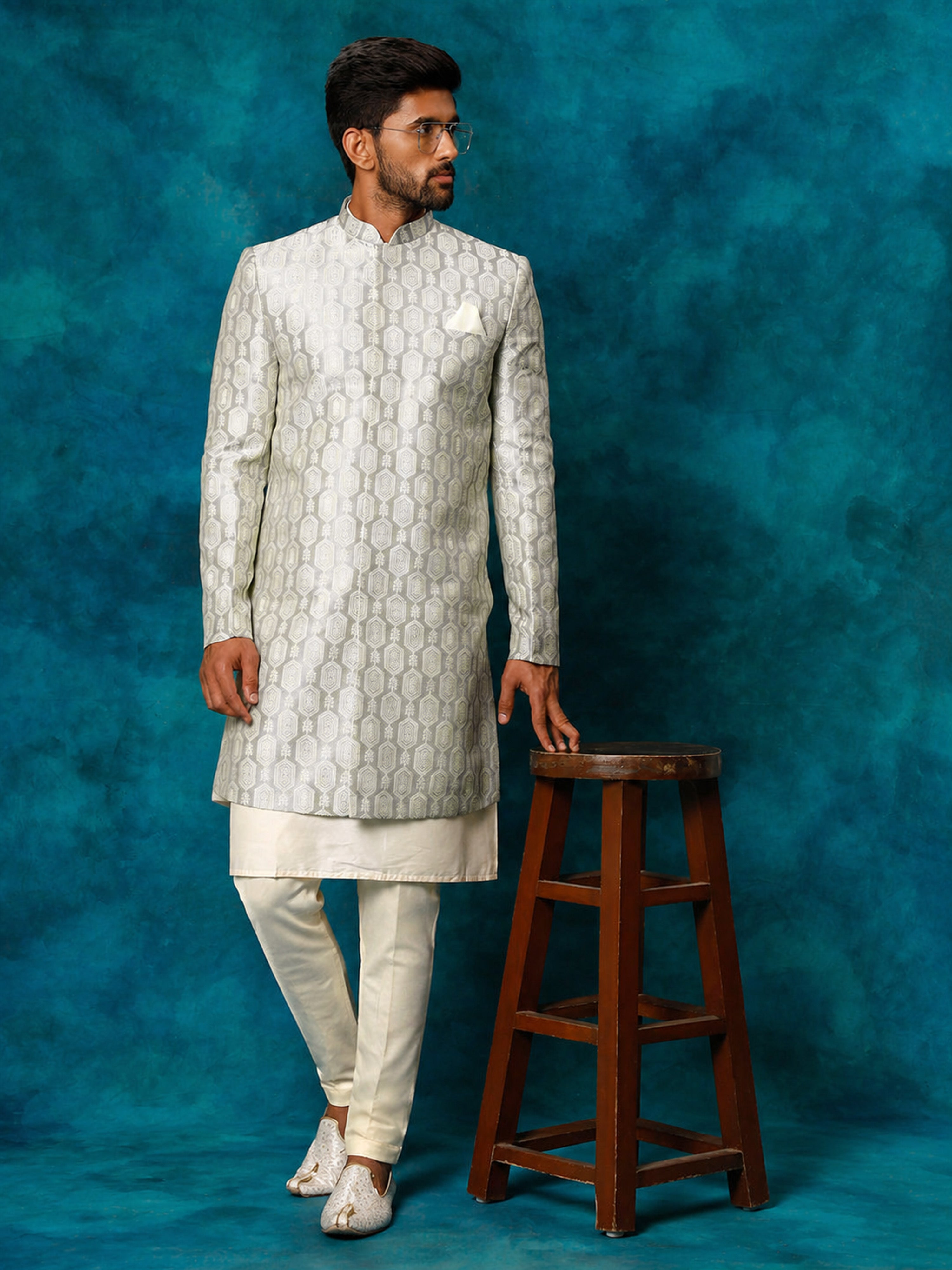 Men Grey Jacquard Silk Blend Indo-Western with Cream Kurta & Pant Set